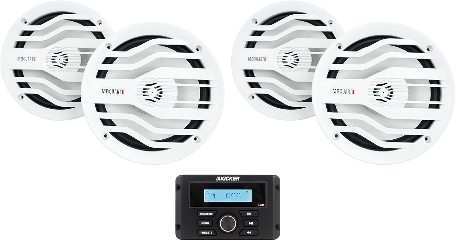 Kicker KMC3 Marine Bluetooth Receiver Bundle with (4) White MB Quart 6.5