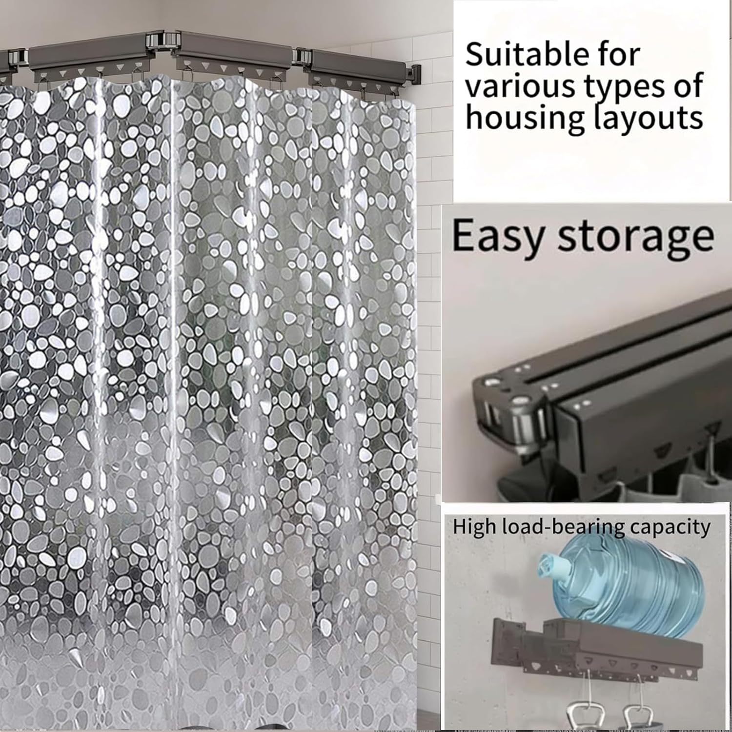Folding Shower Curtain Rod Set,Grey Wall Mount Retractable Shower Curtain,EVA Clear Shower Curtain Adjustable Angle Folding Curtains, L shaped Corner Shower Curtain Rod(Pebble 3-Fold 70.9