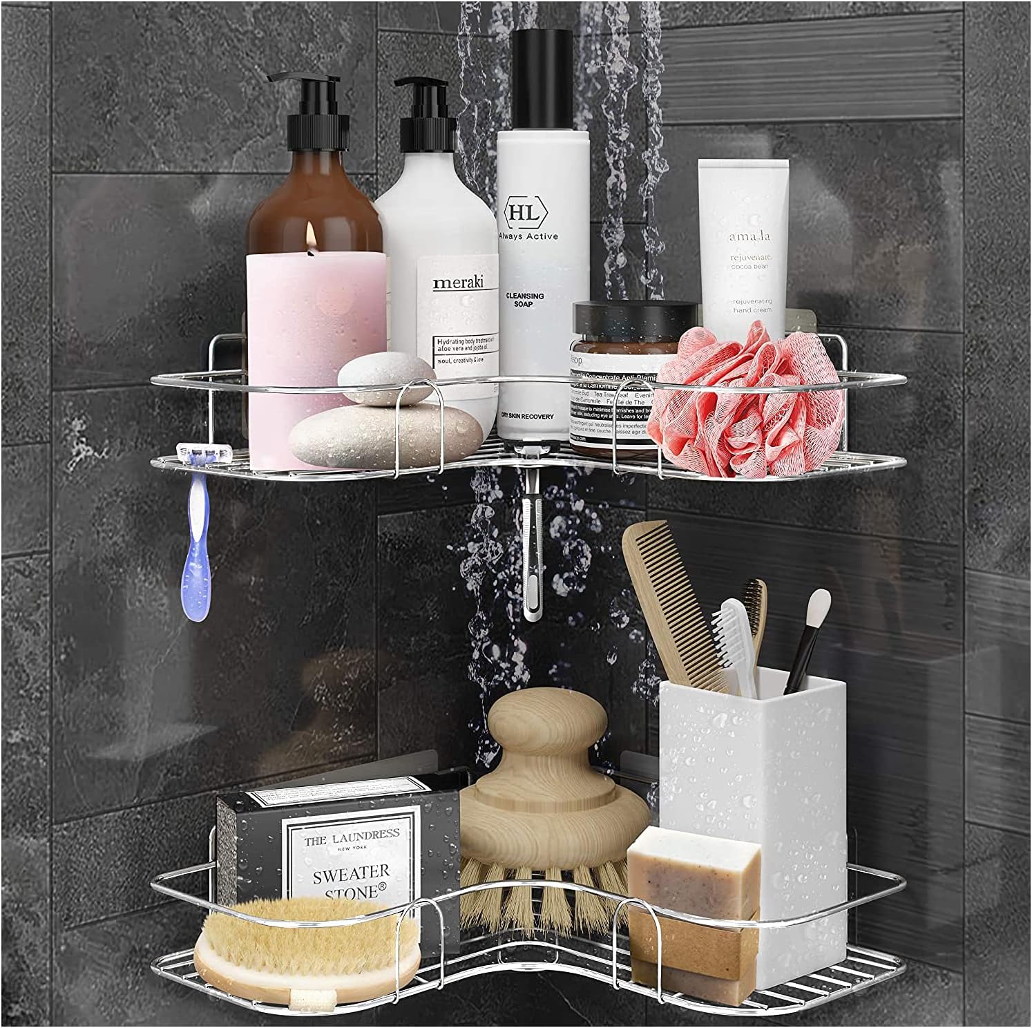 Exquisite Bathroom Shelves Adhesive Shower Organizer, Corner Shelf Wall Mount Bathroom with Hooks, Drill-Free Shower Caddy Basket, Stainless Steel Shampoo Holder Rack, Rustproof&Waterproof