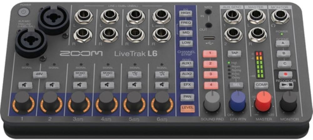 Zoom LiveTrak L-6 Portable 6-Channel Digital Mixer and Multitrack Recorder Bundle with 20ft XLR Cable + 18ft Instrument Cable + 4 Pack AA Batteries + 64GB Micro-SD Card + Cleaning Cloth (6 Item)