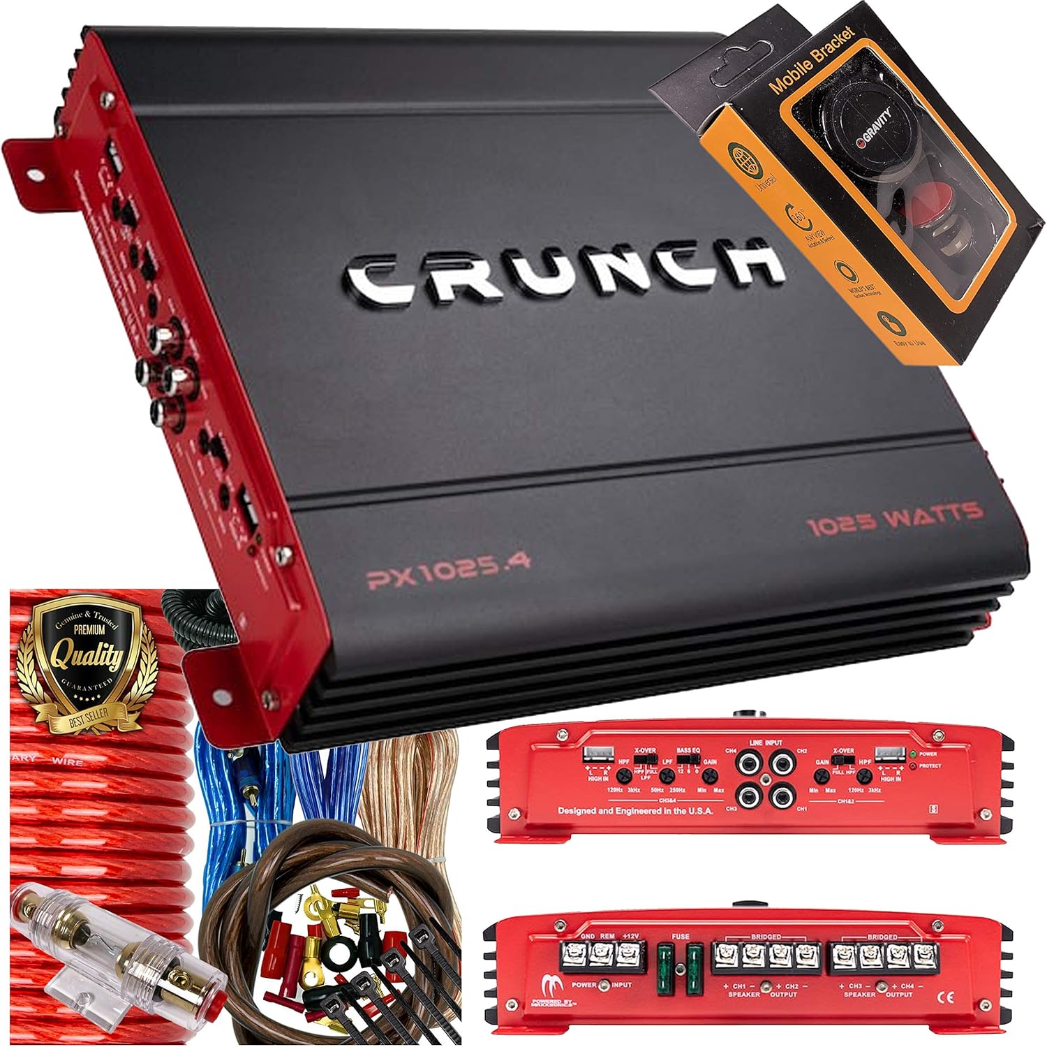 Crunch PX-1025.4 Four Channel Class A/B Amplifier Built-in Bass Control and Electronic Equalizer with Gravity Magnet Phone Holder and 4 Channel Amplifier Kit Bundle