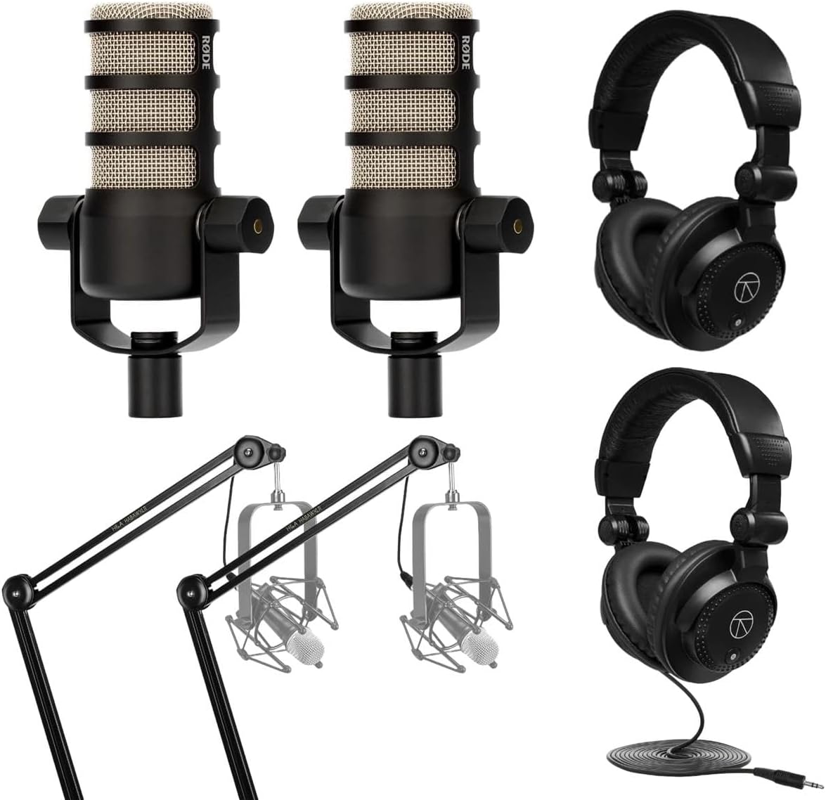 Rode 2X PodMic Dynamic Podcasting Microphones Bundle with 2X Broadcast Arms with Internal Springs and Integrated 10' XLR Cables, 2X High-Performance Closed-Back Studio Monitor Headphones (6 Products)