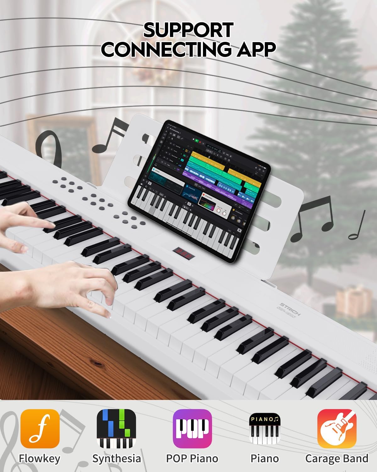 STRICH 88 Key Digital Piano Full Size Electric Keyboard with Stand, Semi-Weighted Sensitive Keys, Portable Electric Piano Set, Bundle with Sustain Pedal, Headphones, Music Rest, White, SEP-150S