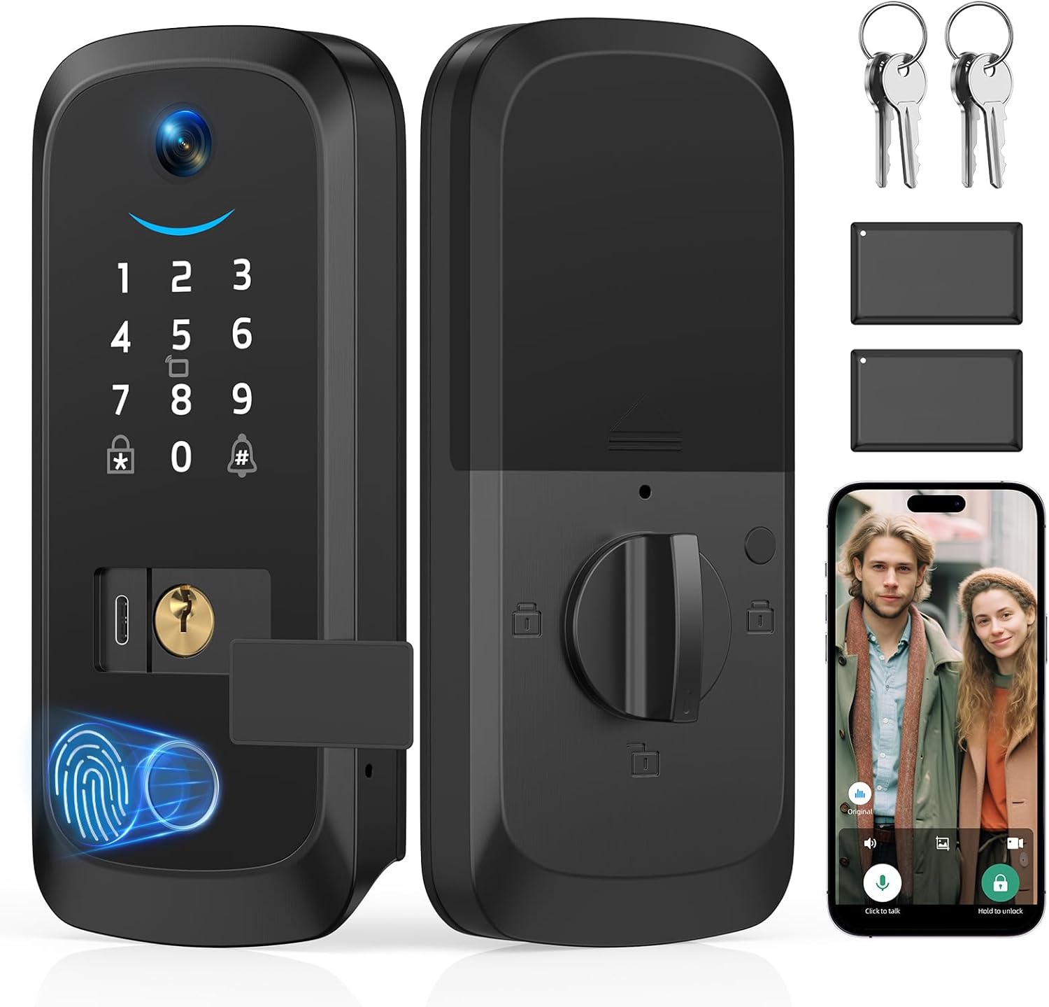 Video Smart Lock with Camera, Built-in Rechargeable Lithium Battery Entry Keyless Door Lock, App Control, Fingerprint ID, IC Card, Keypad Code, Auto Lock for Front Door (Black)