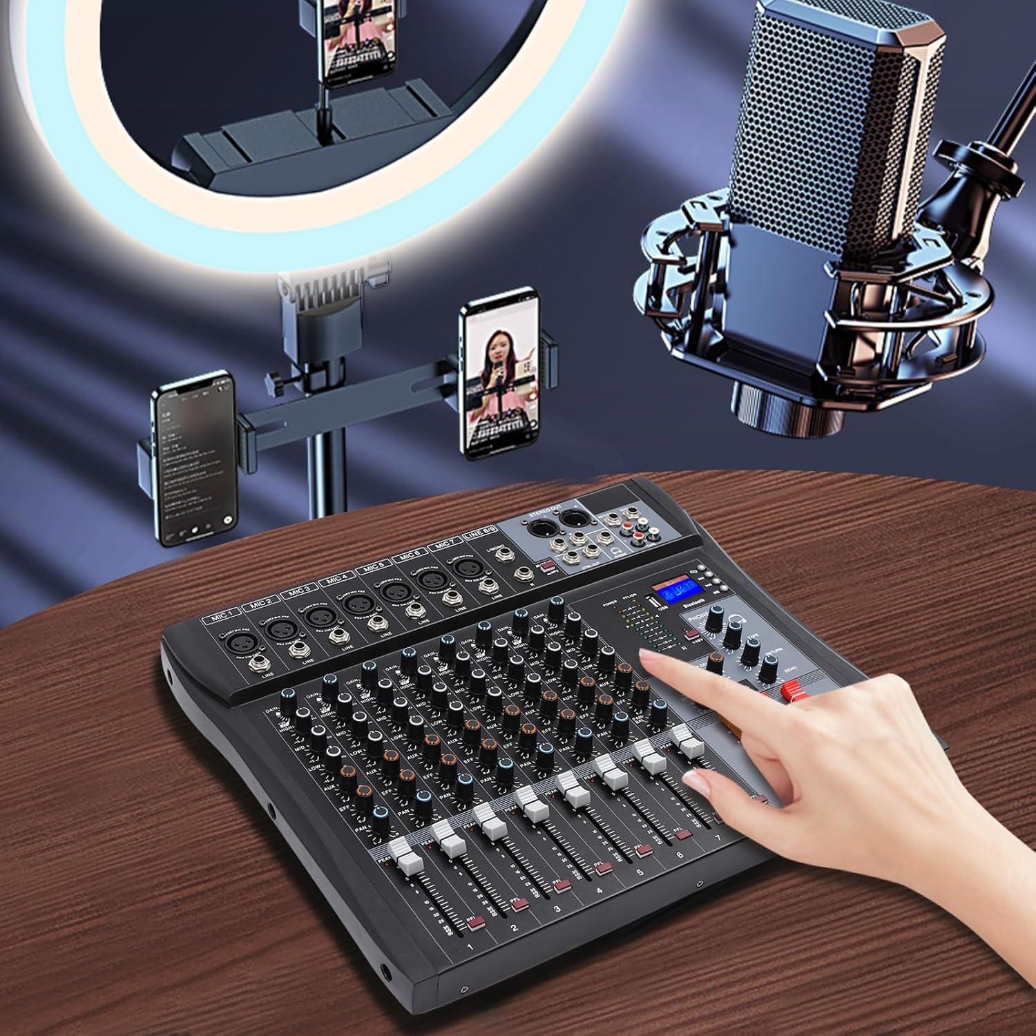 Professional Audio Mixer, 8-Channel Bluetooth Studio Audio Mixer DJ Sound Controller Interface with Bluetooth USB, Recording Studio Equipment Sound Mixing Console for Karaoke Wedding Party