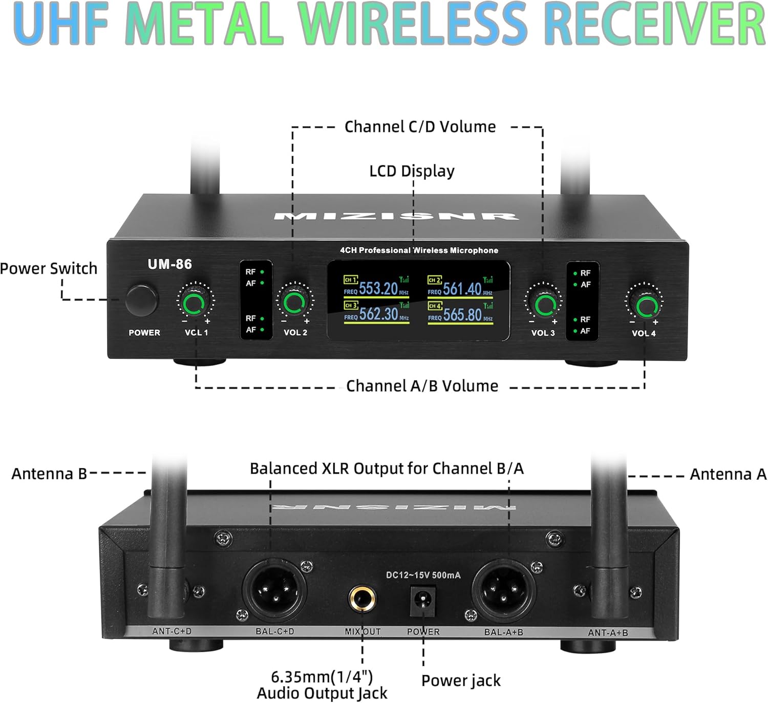 Wireless Lavalier Microphone System with Headset & Lapel Mics, 4 Channel UHF Cordless Microphone and Metal Receiver Set, 300ft Range for Singing, Church, Karaoke, Preaching, Wedding
