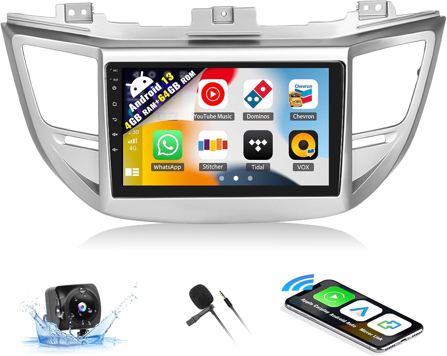 SIXWIN 4G+64G Android 13 Car Stereo for Hyundai Tucson 2015-2018 9 Inch Touch Screen with CarPlay Android Auto Mirror Link UI Bluetooth FM GPS Navigation WiFi FM SWC Shot Cut Backup Camera MIC