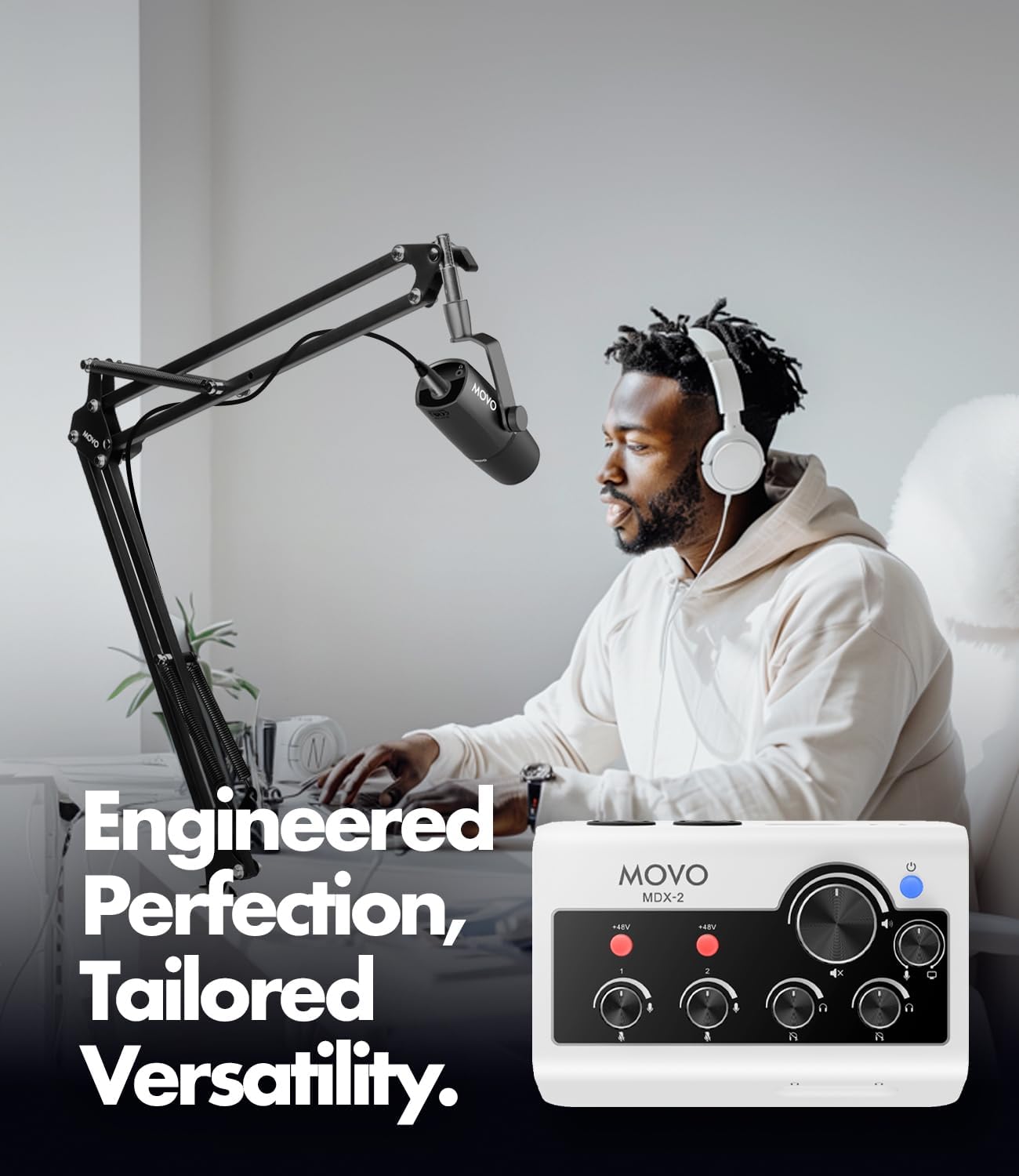Movo Portable Podcast Equipment Bundle for iPhone/Android Phones- Podcast Kit with Audio Interface, 2 UM6 Dynamic Mics, 2 Boom Arms - for Smartphones, Computers, PC and Mac