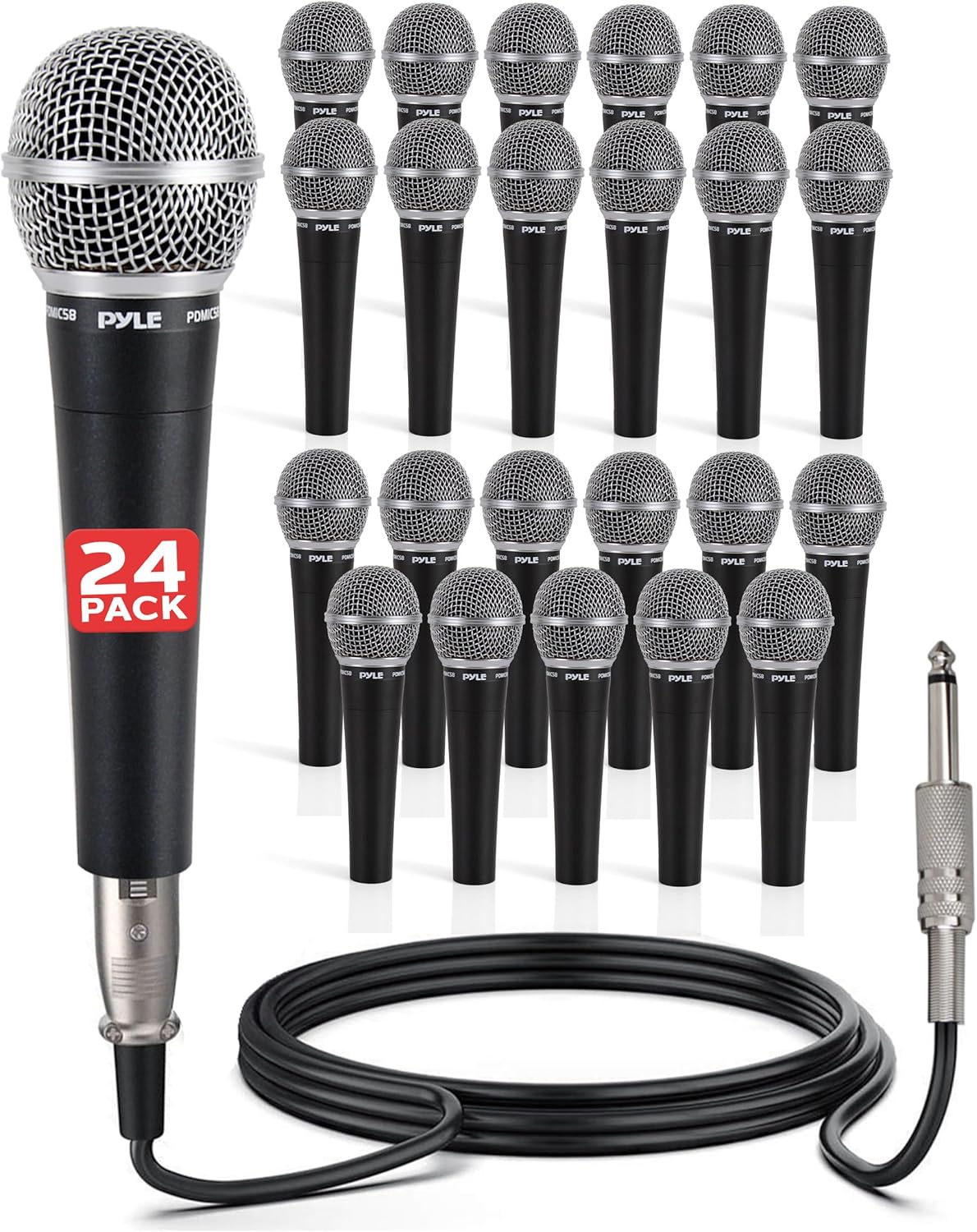 Pyle Professional Dynamic Microphone - 24-Pack Unidirectional Handheld Mic with Built-in Pop Filter, High Signal Output, 15 ft. XLR Audio Cable, Ideal for Stage, Karaoke & Studio Performances