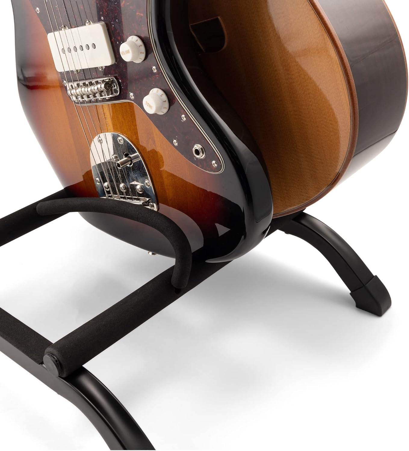 On-Stage GS7361 Three-Space Foldable Multi-Guitar Rack (Storage and Display for 3 Acoustic, Electric, and Bass Guitars, Multiple-Instrument Stand, Padded, Folding, Portable, Rubber Feet, Black)