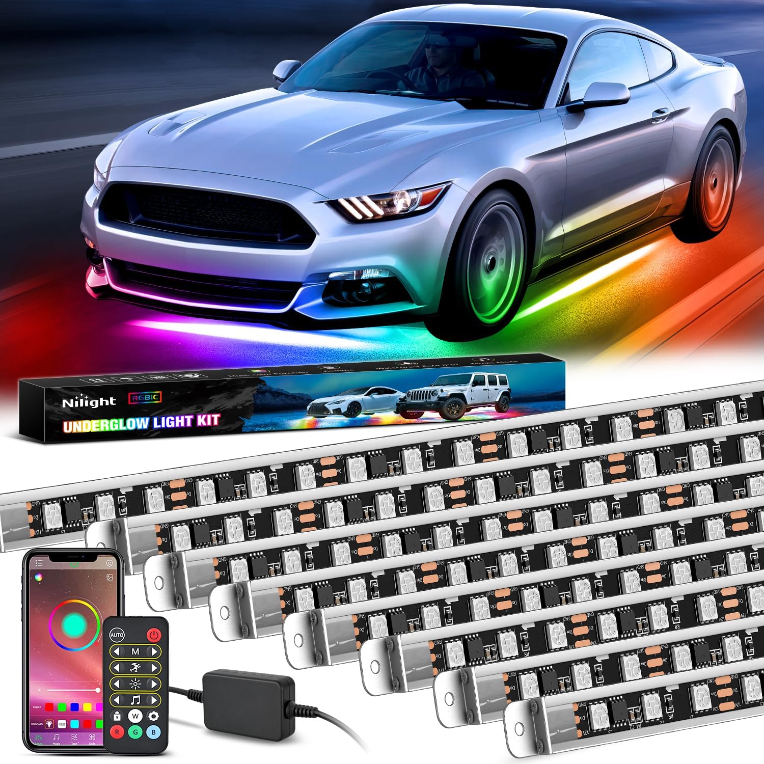 Nilight 8Pcs Aluminum Underglow Neon Accent Strip Lights 396 LEDs Dream Color Door Assist Multi Modes Sound Active Function Music with APP, Remote Control Underbody Light for Car Truck RV