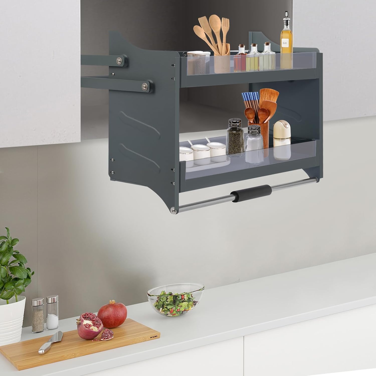 Pull Down Shelf for Upper Cabinets - 30 Inch 2-Tier Wall Mount Organizer with 26.5lbs Capacity, Tempered Glass & Aluminum Alloy for Kitchen Storage, Spices, Dishes