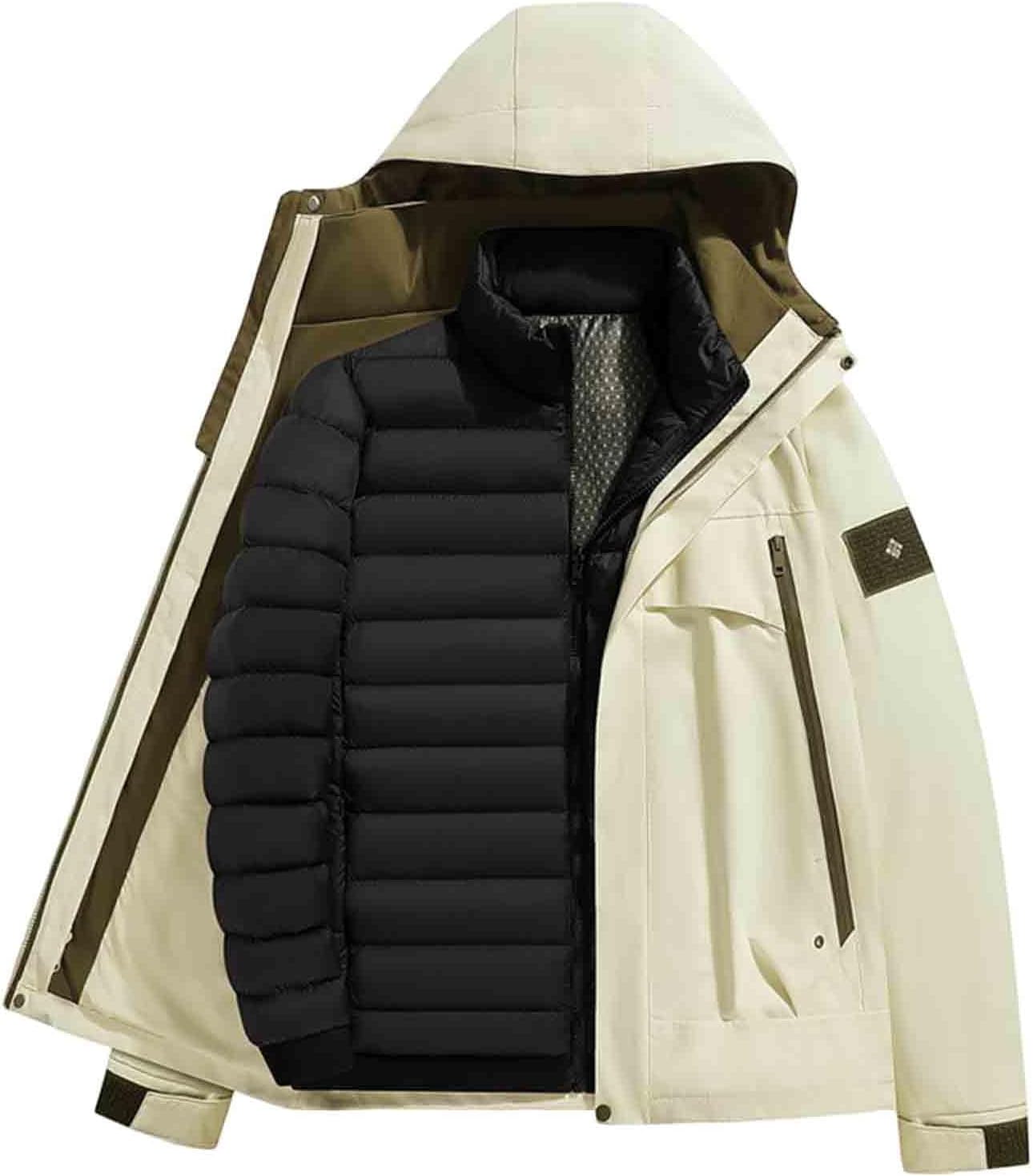 Men's Waterproof 3-in-1 Ski Snow Jacket Puffer Liner Insulated Winter Coat Windproof Warm Hooded Jackets with Pockets