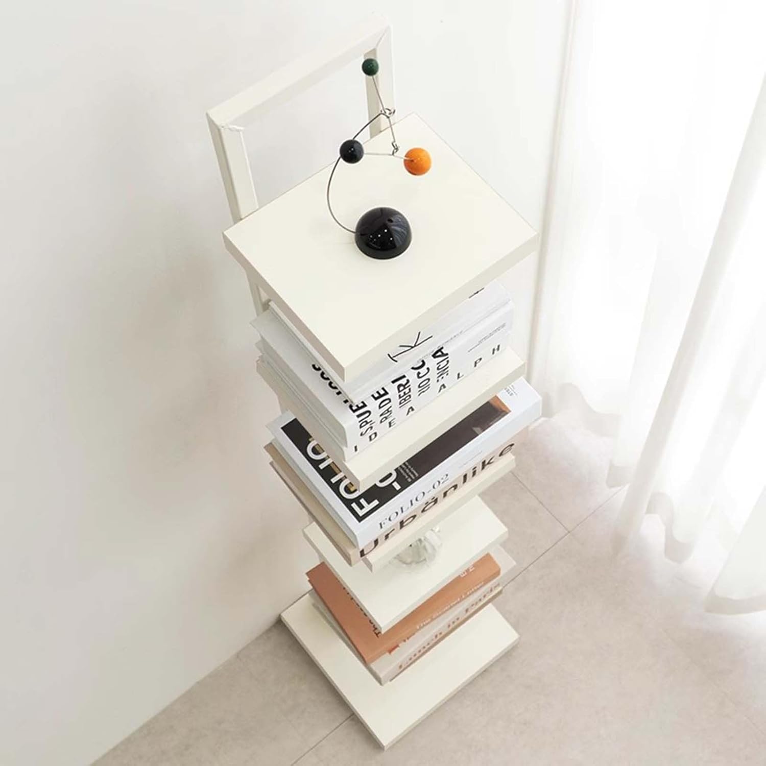 White Corner Bookshelf 6-Tier, Vertical Spine Book Tower Display Rack Wood, Invisible Bookshelves Floor Standing, Home Office Furniture