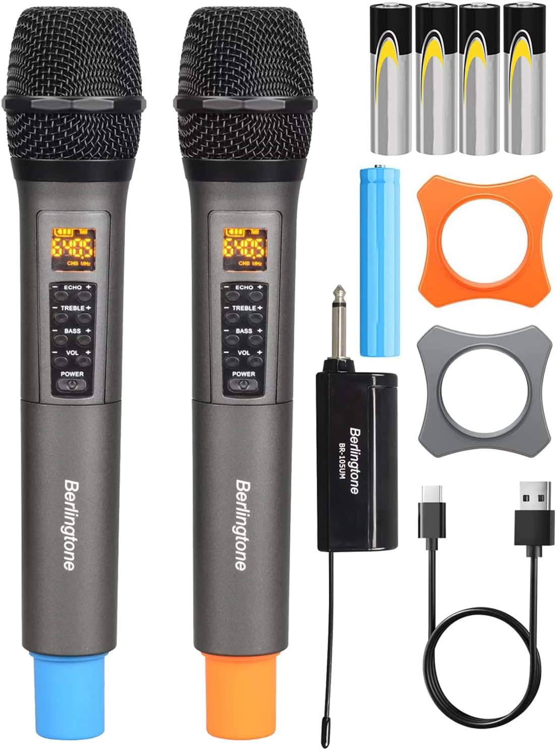 Berlingtone) Dual UHF Wireless Dynamic Handheld Microphone Systems, 60 Adjustable Frequency Channel, with Echo, Treble, Bass Volume, Rechargeable Battery, for Singing, Church, up to 200Ft. Range