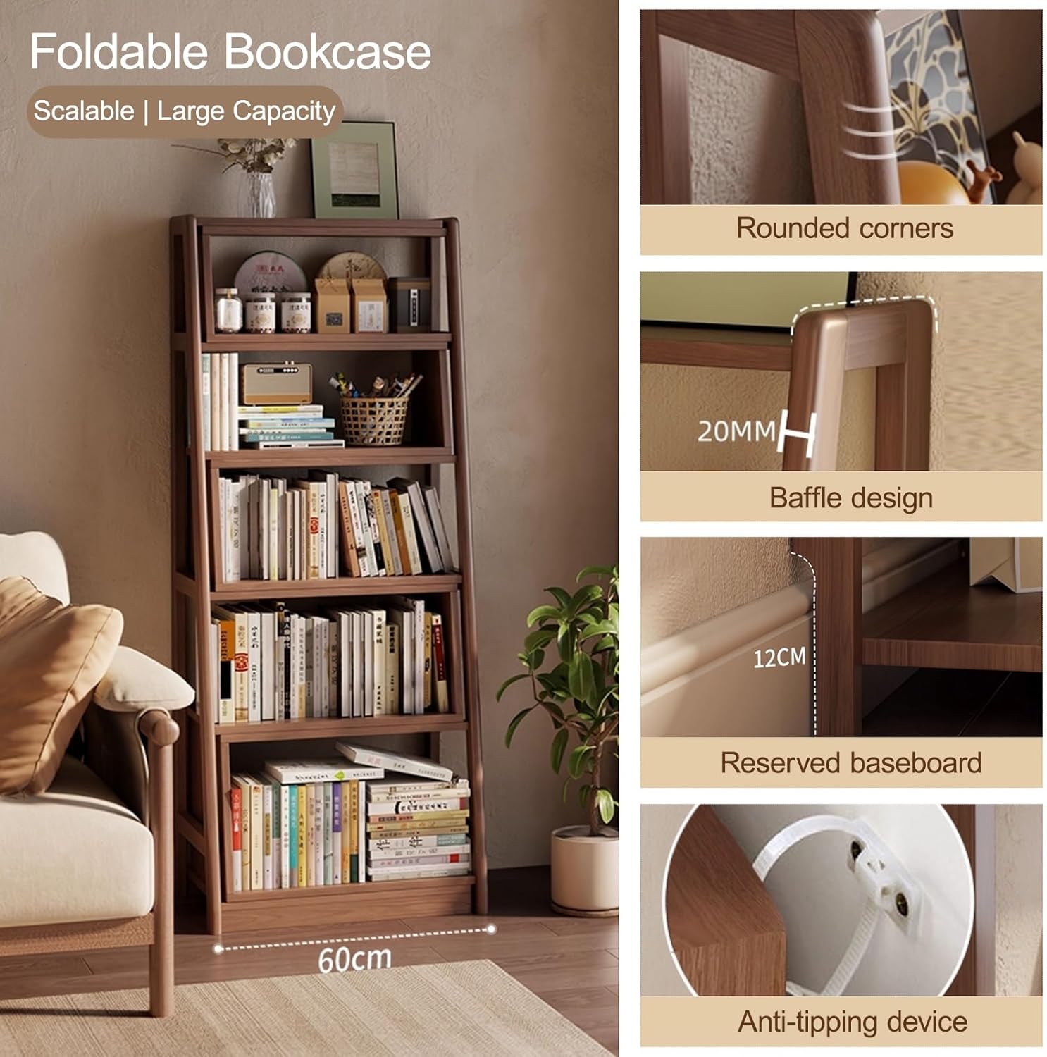 Expandable 3-in-1 Convertible Bookcase with Adjustable Width, Storage Organizer Bookcase Corner & Straight Shelf Design for Living Room Bedroom