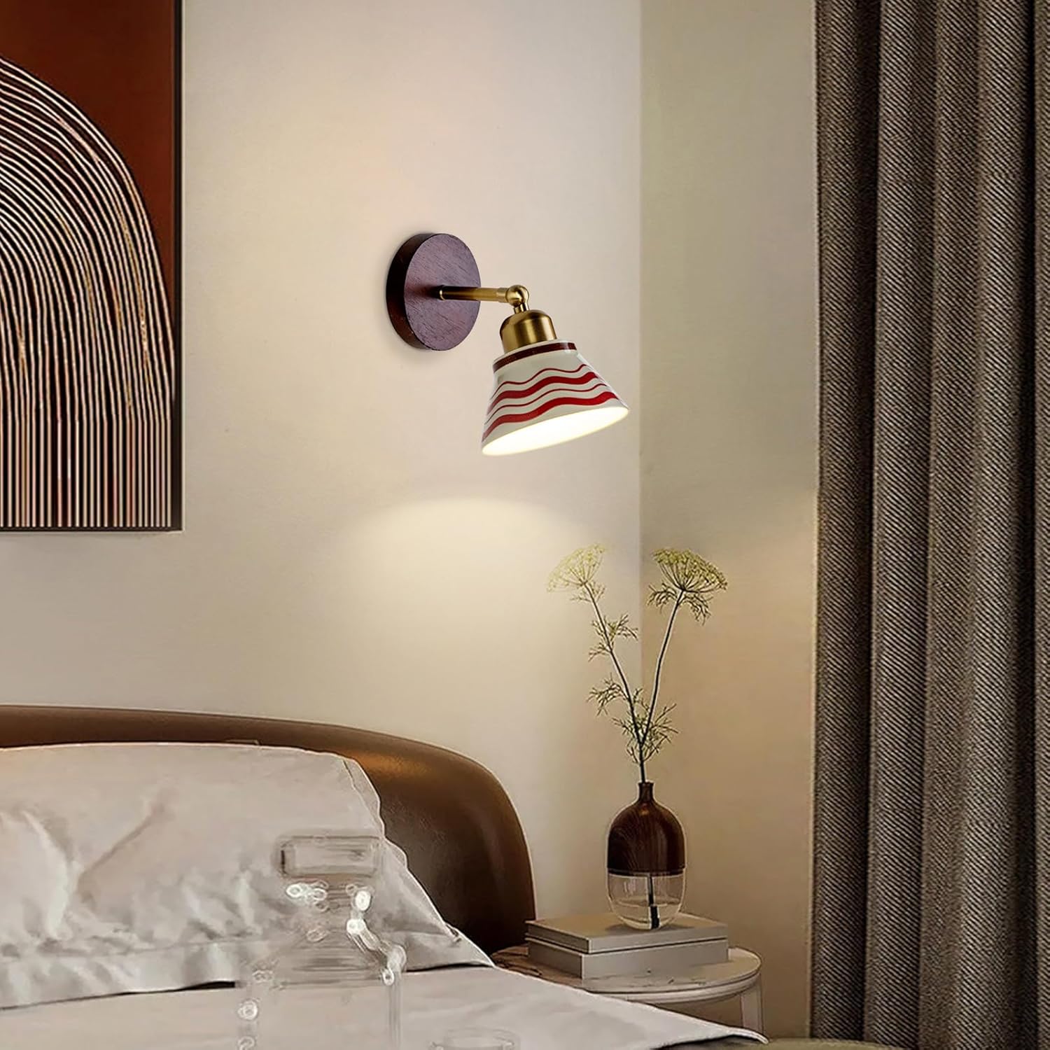 Vintage Ceramic Wall Sconce Lighting, Modern Bathroom Vanity Light Fixtures with Wood Base, Brushed Gold Wall Mount Lamp, Hardwired Farmhouse Wall Lights for Bedroom Bedside Hallway