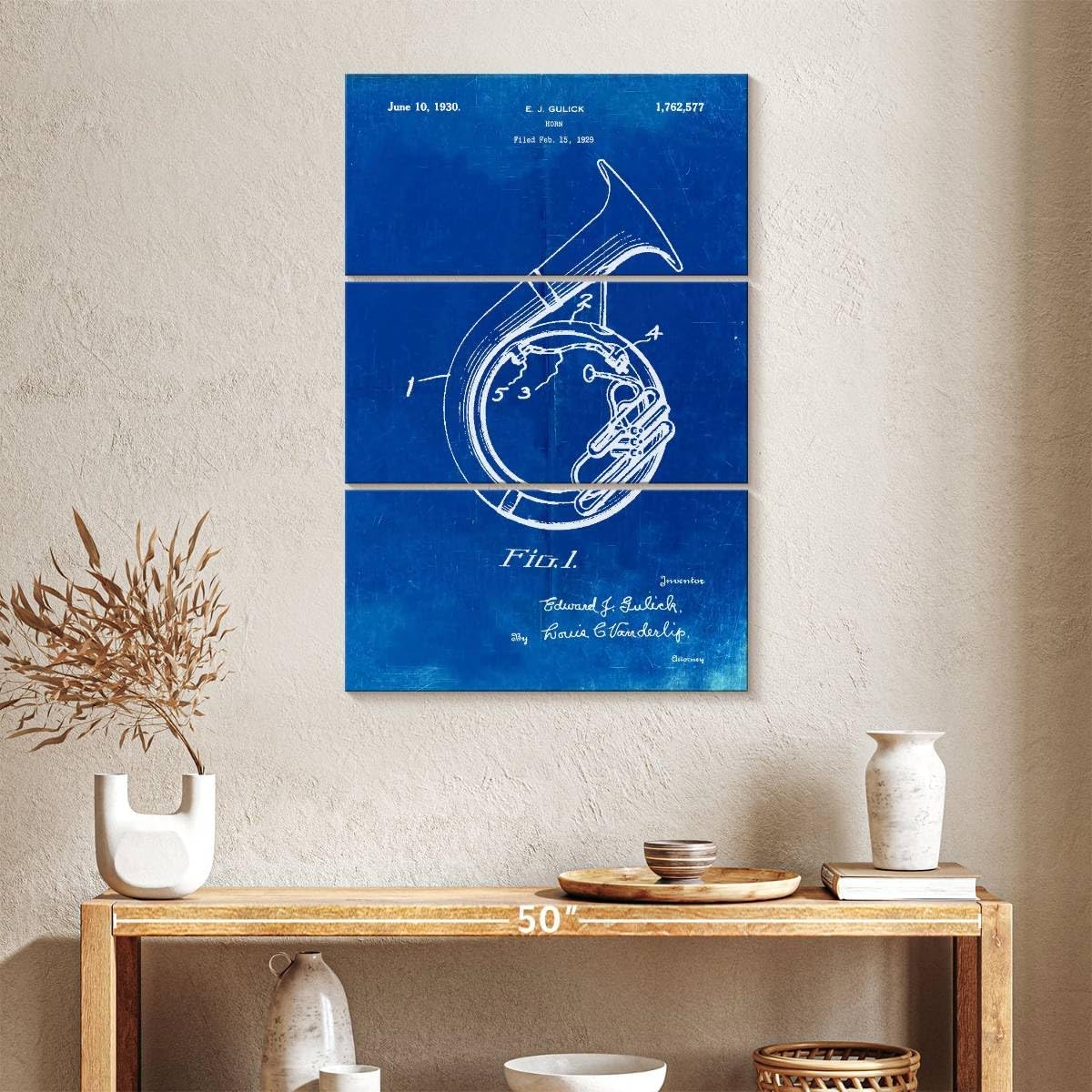 Elephant Stock - Faded Blueprint Sousaphone Patent Poster Wall Art - Vertical Multi Panel Canvas - 3 Piece Mancave Wall Decor - Drawing Music Blueprints Multi Piece Wall Art - Blue And White Decor by Cole Borders - 24