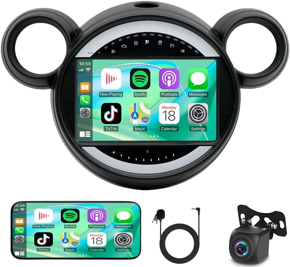 Car Stereo for BMW Mini Cooper 2011 2012 2013 2014 2015 2016 Built-in for CarPlay Wireless Android Auto 9in Car Radio with GPS WiFi Bluetooth FM/RDS SWC Split Screen AHD Backup Camera (2+32G)