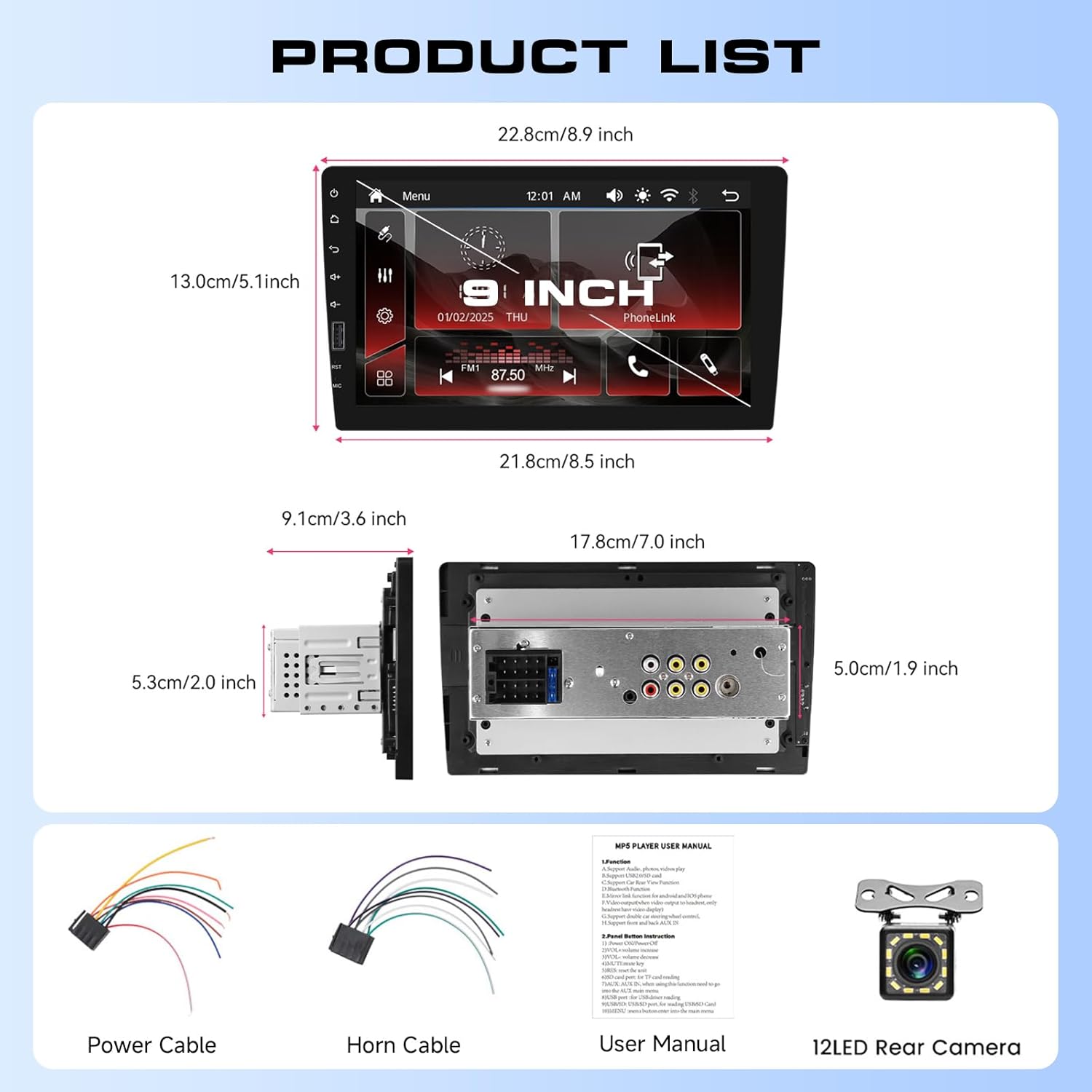 Hodozzy Single Din Car Stereo with 9 Inch IPS Touch Screen, Wireless CarPlay & Android Auto, Bluetooth, FM/AM/RDS Radio, Online Video, Mirror Link,EQ,SWC,USB,Backup Camera & RGB Button Lights