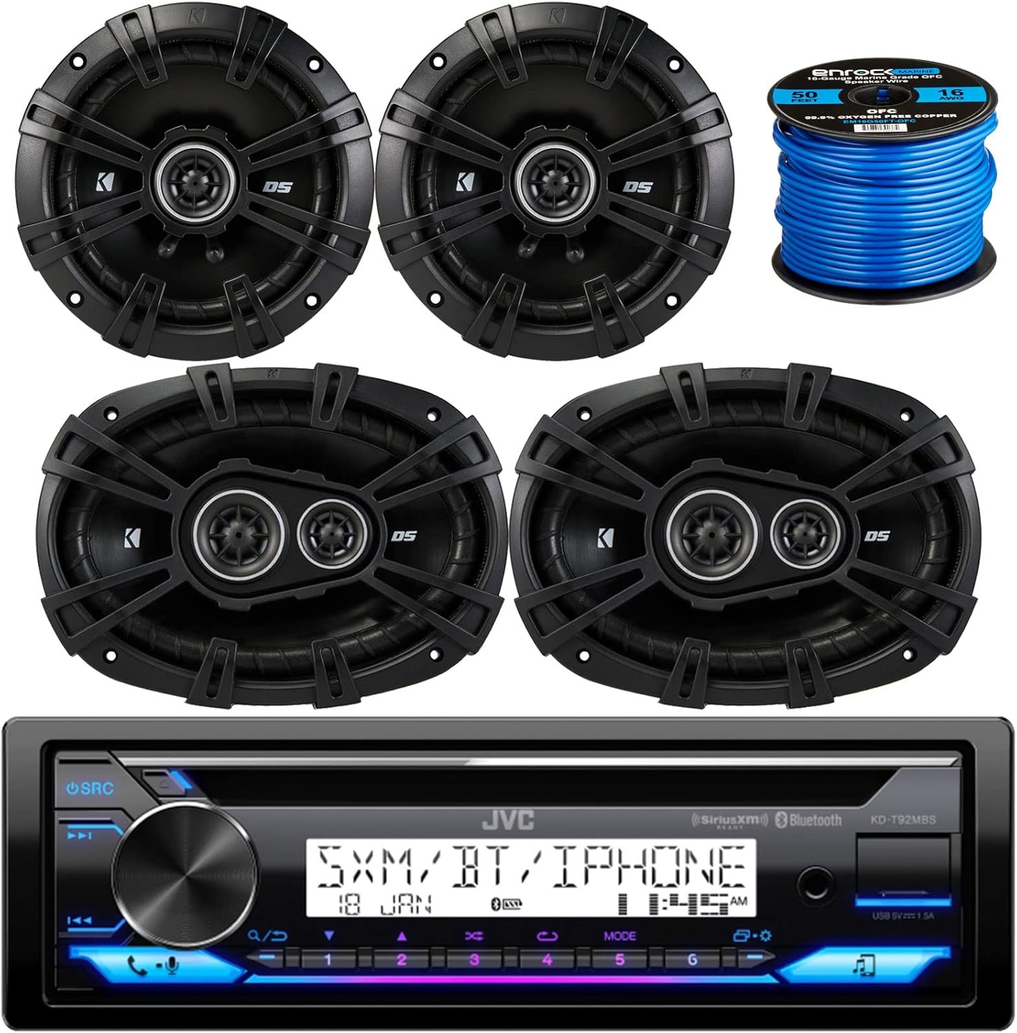 Single DIN Marine Bike Bluetooth CD Player MP3 USB AUX Stereo Radio Receiver, Pair of Kicker 6x9 Car Audio Speakers, Pair of Kicker 6.5