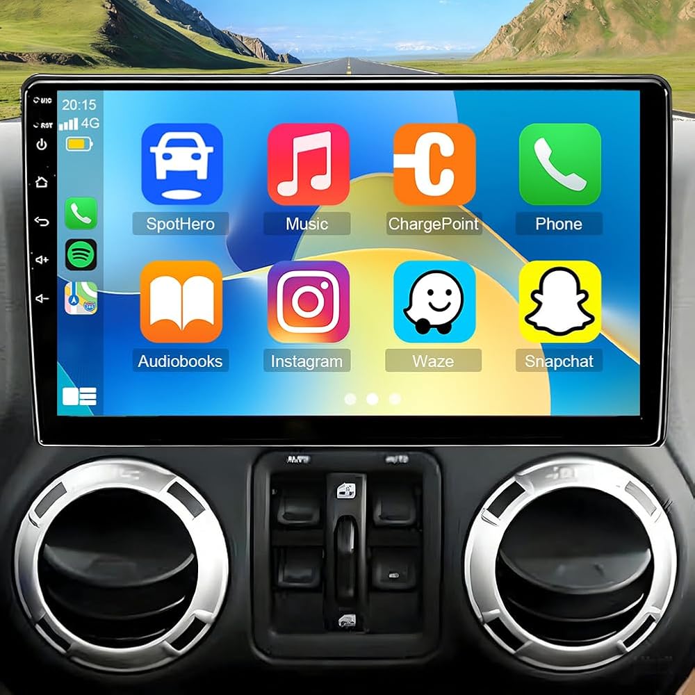 Double Din Car Stereo Radio Upgraded for Jeep Wrangler JK 2007-2017 GPS Navi Head Unit 10 inch Touch Screen Android 14 Support Wireless Carplay Android Auto-/FM/SWC/WiFi/Bluetooth/Camera