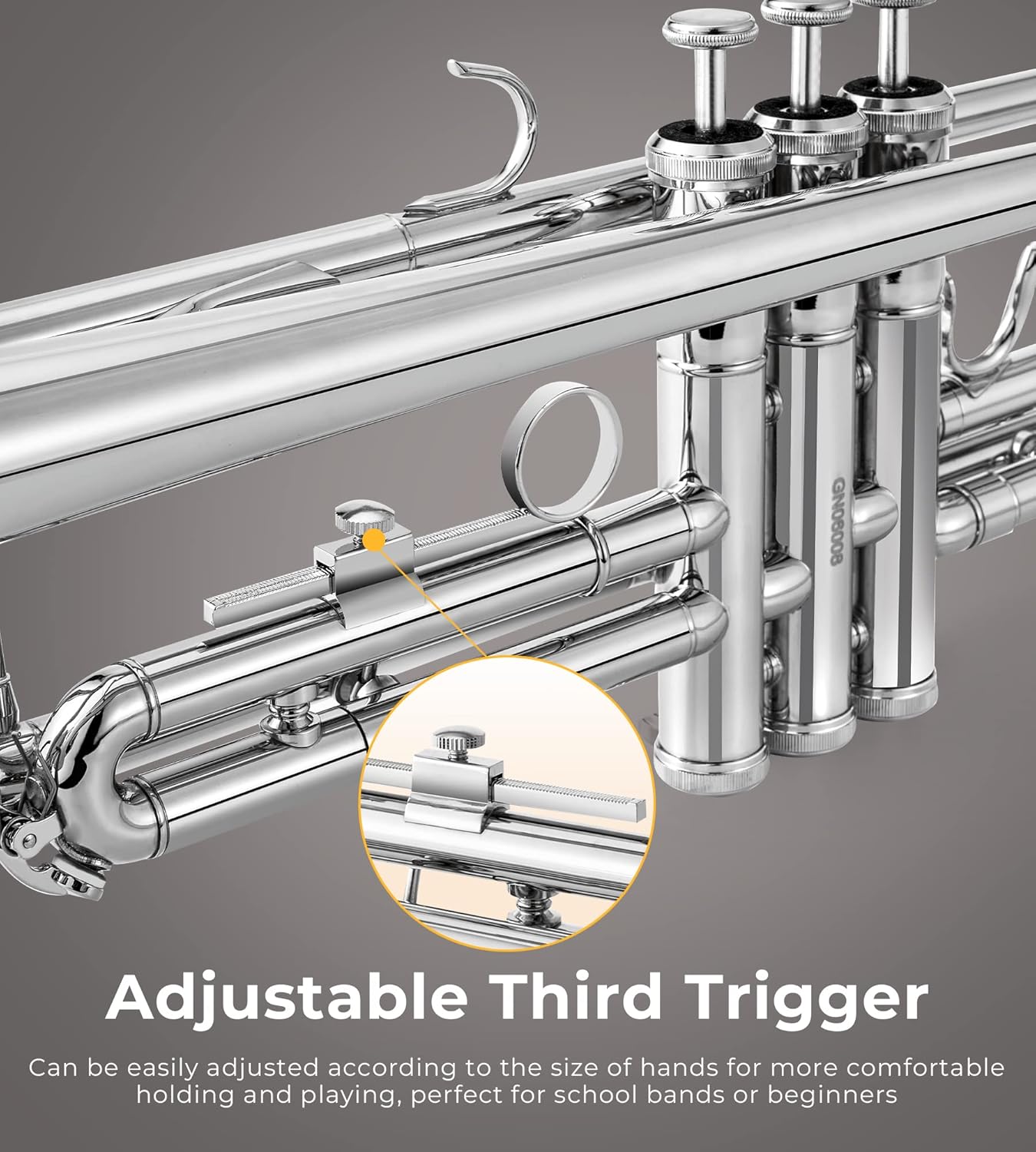 Vangoa Trumpet Bb Standard Student for School Band Brass Orchestra Adult Kid Beginner with Stand, Hard Case, Cleaning Kit, Gloves and 7C Mouthpiece, Silver