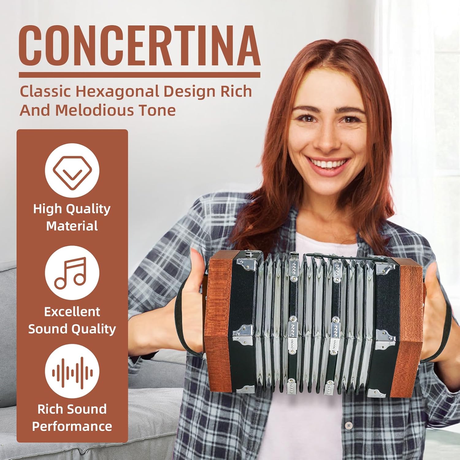 Concertinas，20 Buttons Accordion For Adults Professional Accordion for Beginners, Adjustable Hand Strap, Musical Instrument Accessories With Carrying Bag, Harmonica,Wipe Cloth (wood)