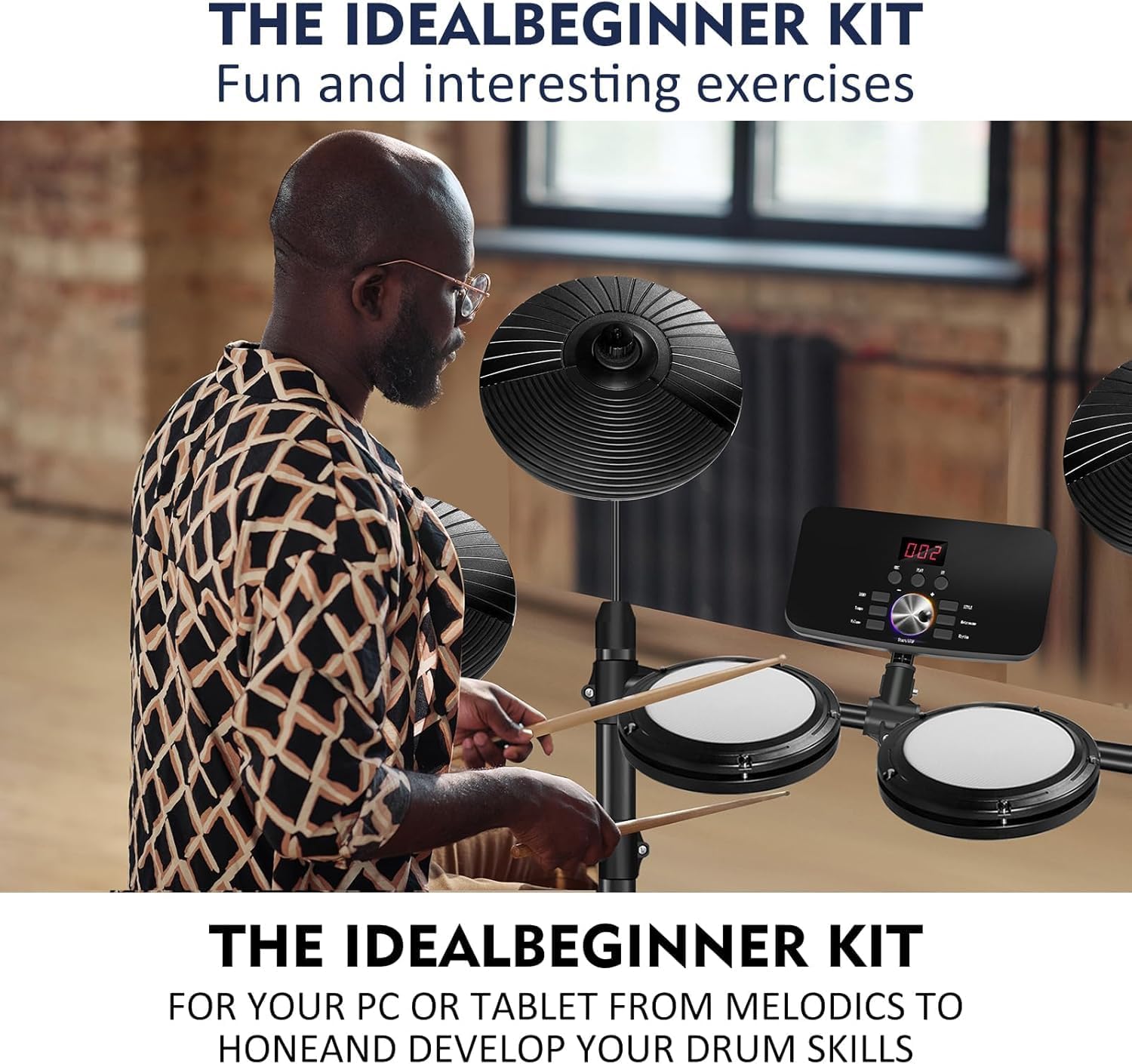 Electronic Drum Set,Electronic Drum for Beginner Set with Type-C Charging,support USB MIDI Bluetooth,with 4 Quiet Mesh Pads 2 Pedals, Drum Stool, Sticks, Headphones and Melodics Lessons