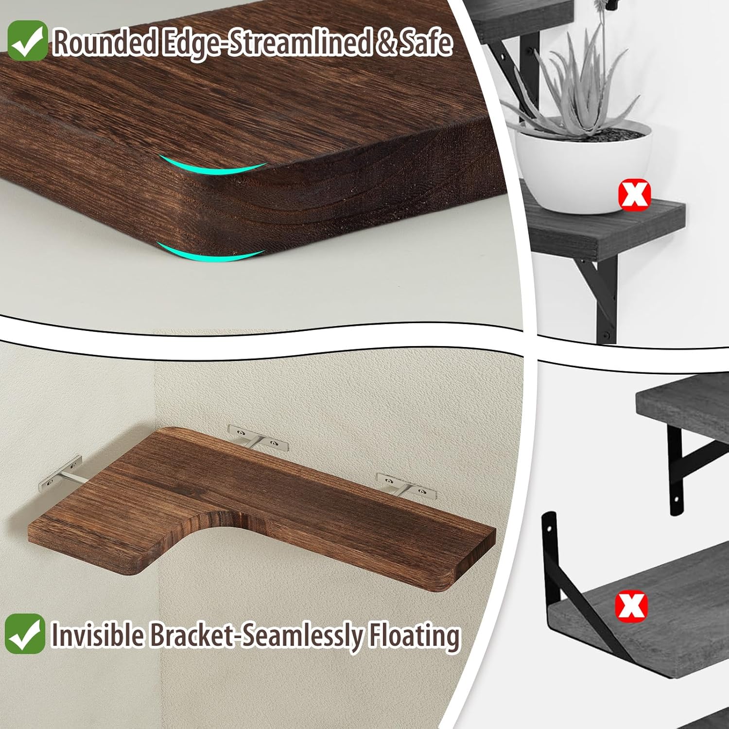 SAUMONIERES Corner Floating Shelves 24 Inch Wall Mount Shelf Solid Wood for Bedroom Bathroom Kitchen Storage Set of 2, Rustic Brown