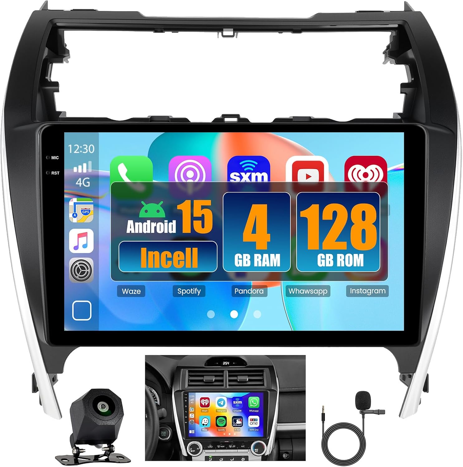 [4+128G] Hikity Android Car Stereo for Toyota Camry 2012 2013 2014, 10.1” Incell Touchscreen Radio CarPlay/Android Auto, Bluetooth, GPS Navigation, WiFi, FM/RDS + AHD Backup Camera