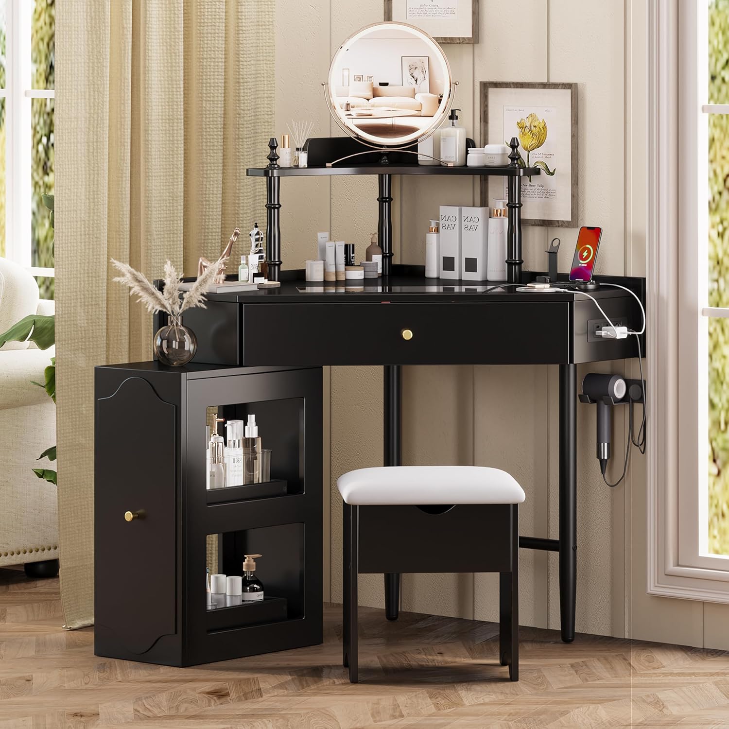 Corner Vanity Desk with Drawers, Corner Makeup Vanity with Storage Cushioned Stool & Charging Station, Wooden Makup Desk with Removable Pull-Out Side Cabinet & Storage Shelf, Black