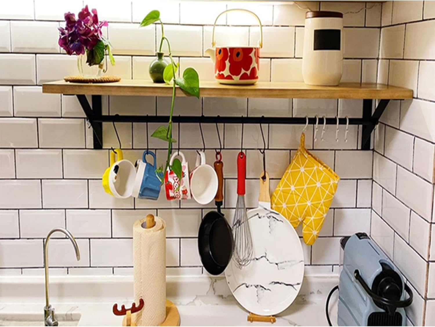 Floating Shelves for Kitchen Spice Storage Hanging Pot & Pan Rack,Wood Wall Mount Shelf with Rails and Hooks, for Bedroom, Living Room, Bathroom, Hanger Organizer for Utensil (Size : 60x20x ()