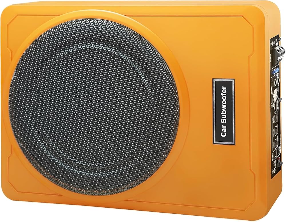 litillbuly 10 Inch 1200W Orange Car Subwoofer,Slim Under Seat Car Subwoofer Powered, High/Low Level Input, Car/Truck Car Audio Subwoofer Sub Built in Amplifier