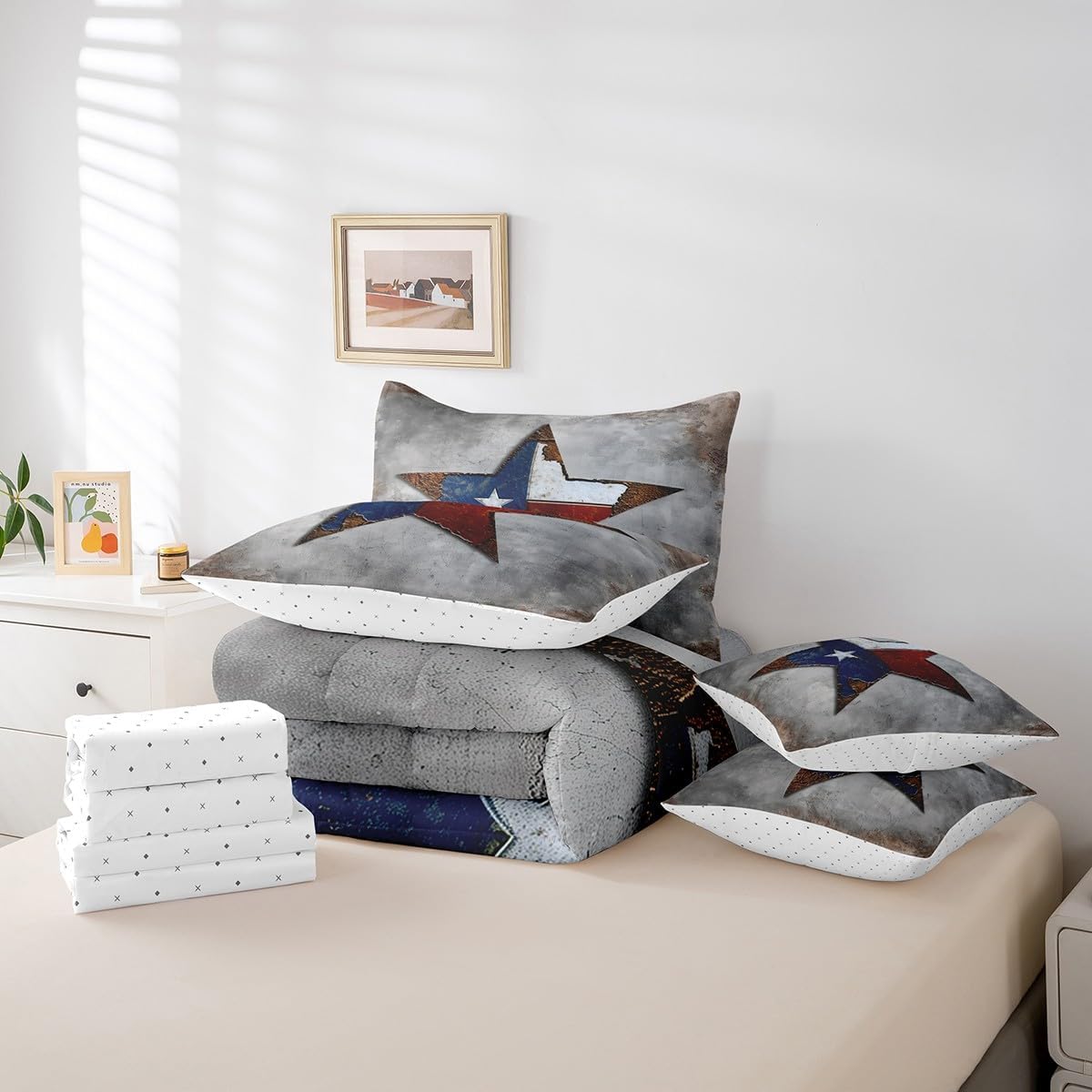 Vintage Texas Stars Bedding Comforter Sets 7-Piece Retro Flag Print Bed in a Bag, Grunge Grey King Bedding Sets Texas Star Comforter Set King, American Flag Pattern Bedding Sets & Collections