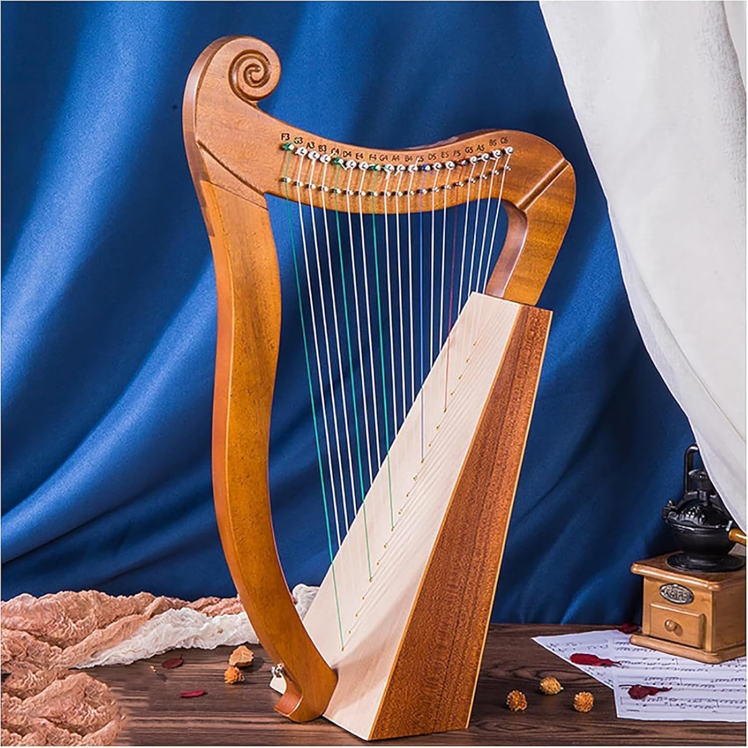 Celtic Irish Harp, 19 Strings Wooden Lever Harp, 3-Hole Imported Beech Wood Harp with Tuning Wrench and Storage Bag, Resonance Musical Instrument, for Music Lovers, Beginners