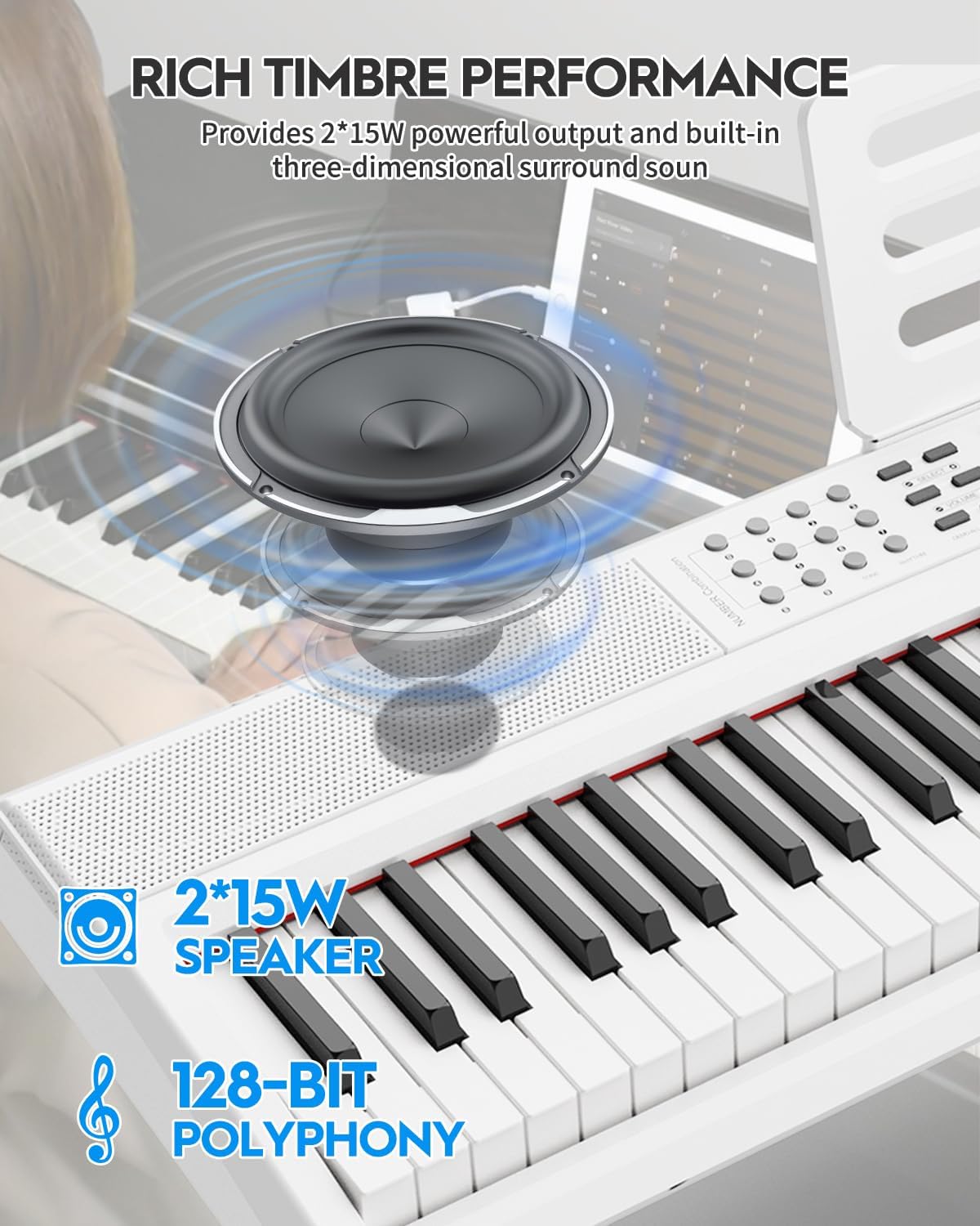 STRICH 88 Keys Weighted Keyboard Piano with Stand & Sustain Pedal, Hammer-Action Digital Piano, Full-size Electric Piano Keyboard Supports USB-MIDI/Wireless Connect, White, SDP-120