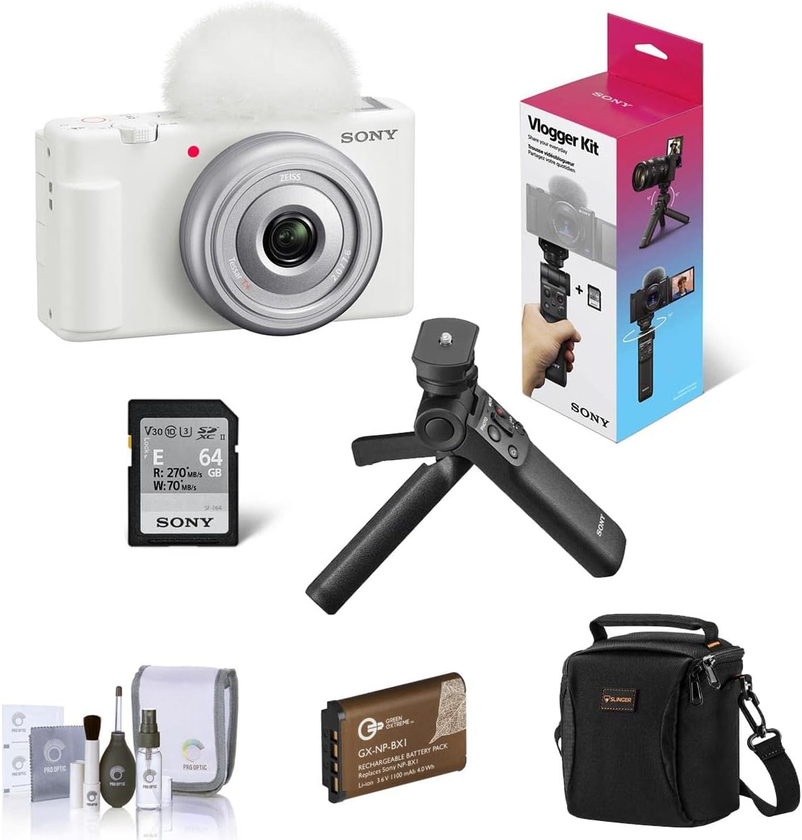 Sony ZV-1F Vlogging Camera, White Bundle with ACCVC1 Vlogger Accessory Kit, Extra Battery, Shoulder Bag, Cleaning Kit
