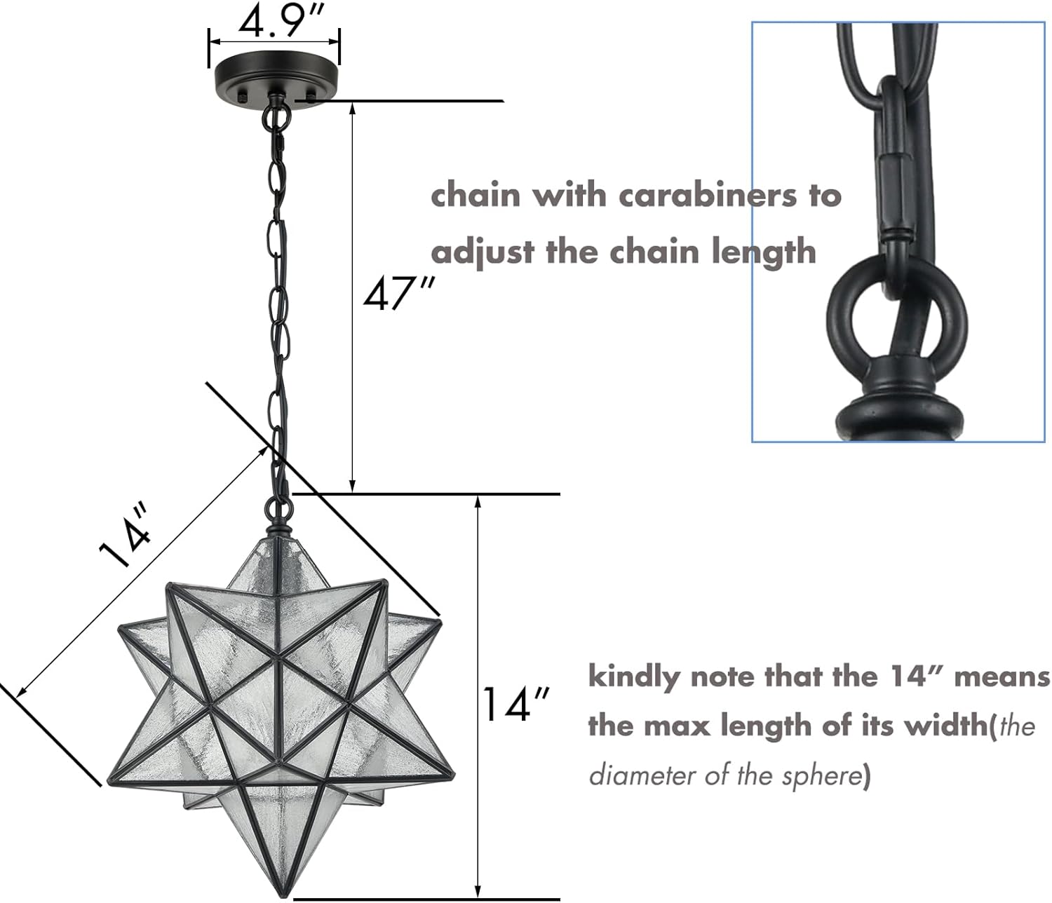 14'' Moravian Star Pendant Light Seeded Glass Star Lights with Adjustable Hanging Chain Light for Kitchen Bedroom Dining-Dimmable