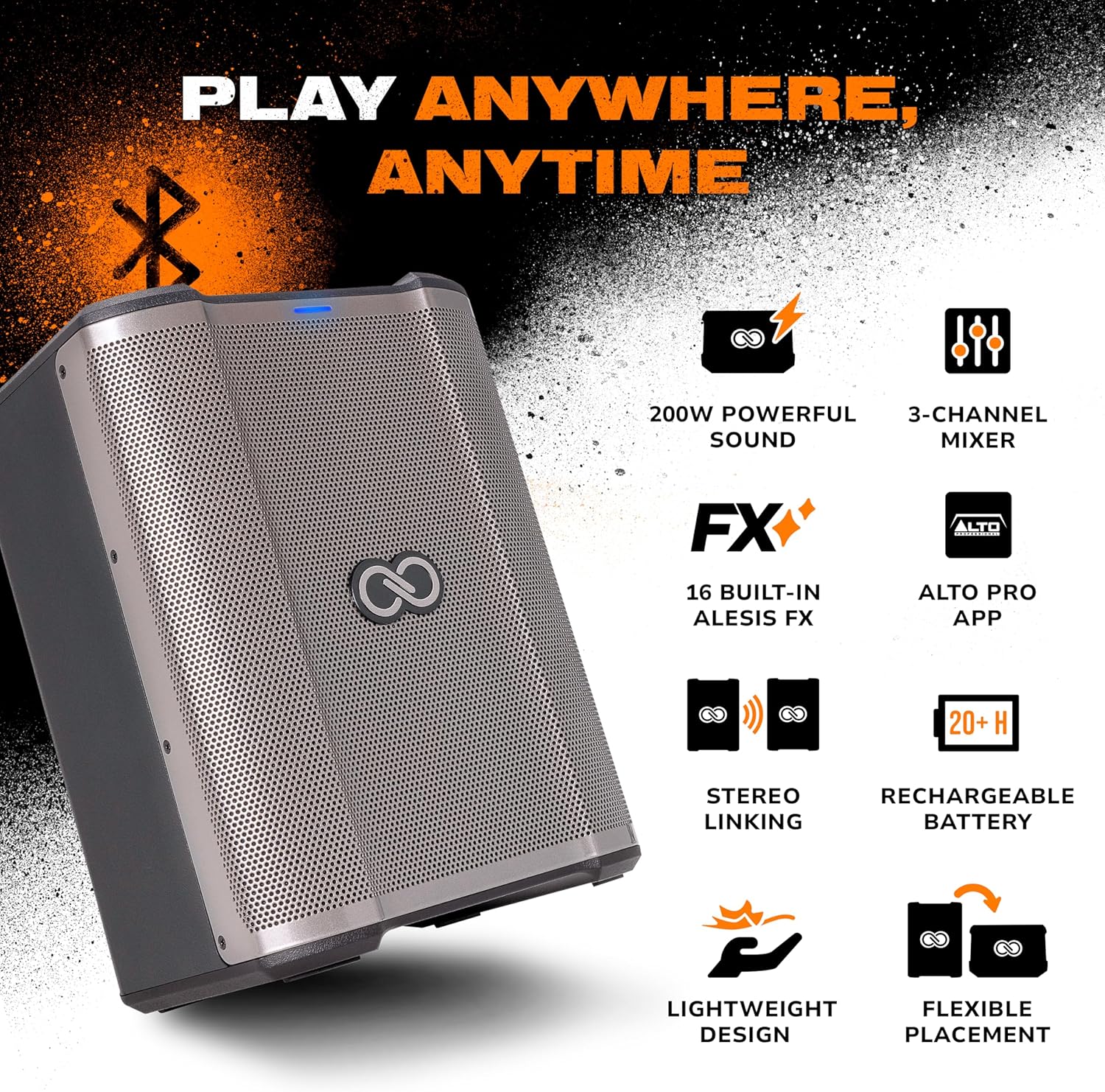 Sheeran Special Edition Busker - 200W Portable PA Speaker with Rechargeable Battery, Bluetooth, 3-Channel Mixer, Alesis FX, App, USB Charging