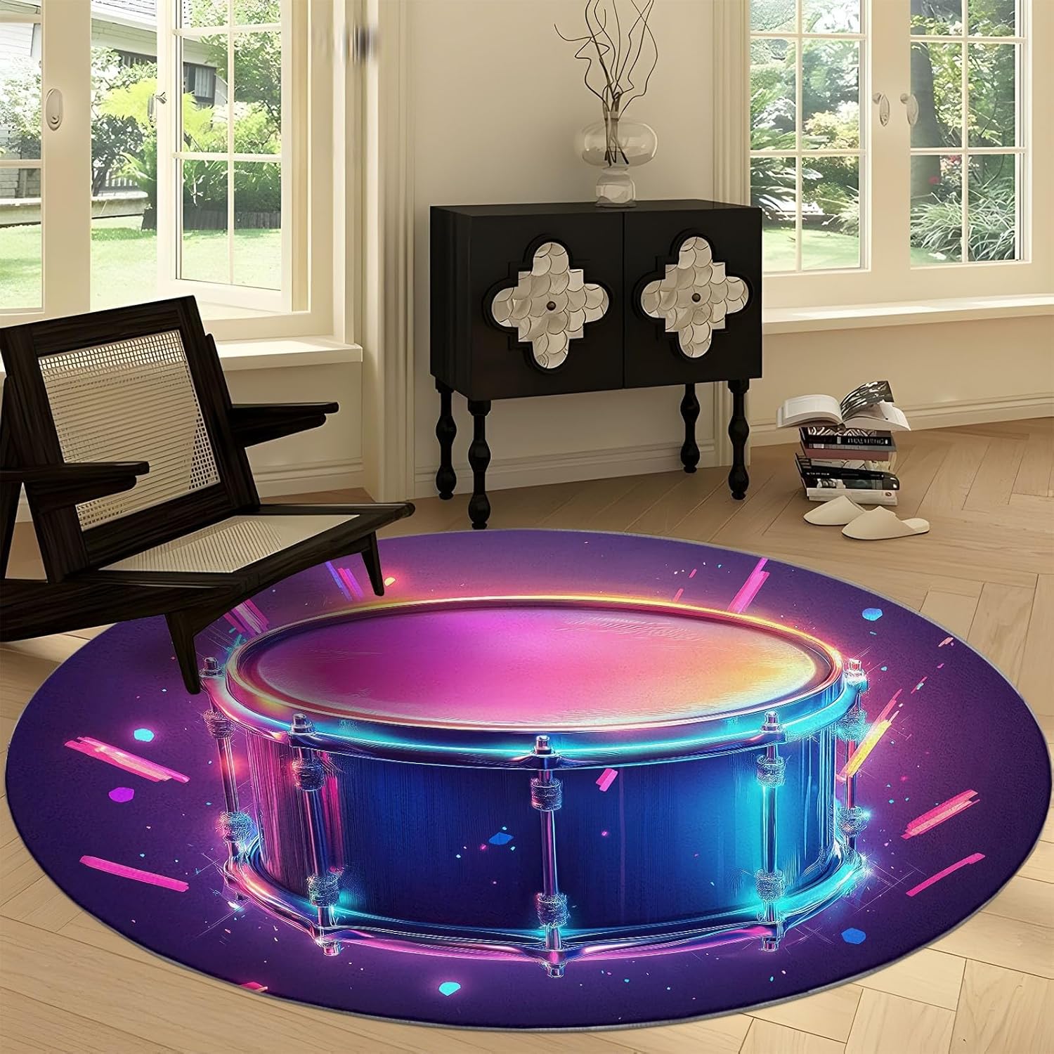 6 ft Round Area Rug for Living Room Bedroom Carpet Game Art Style Neon Drum Entryway Bedside Mat Easy Cleaning Home Decor Circle Floor Rug Music Drum Machine Washable No Slip Rugs