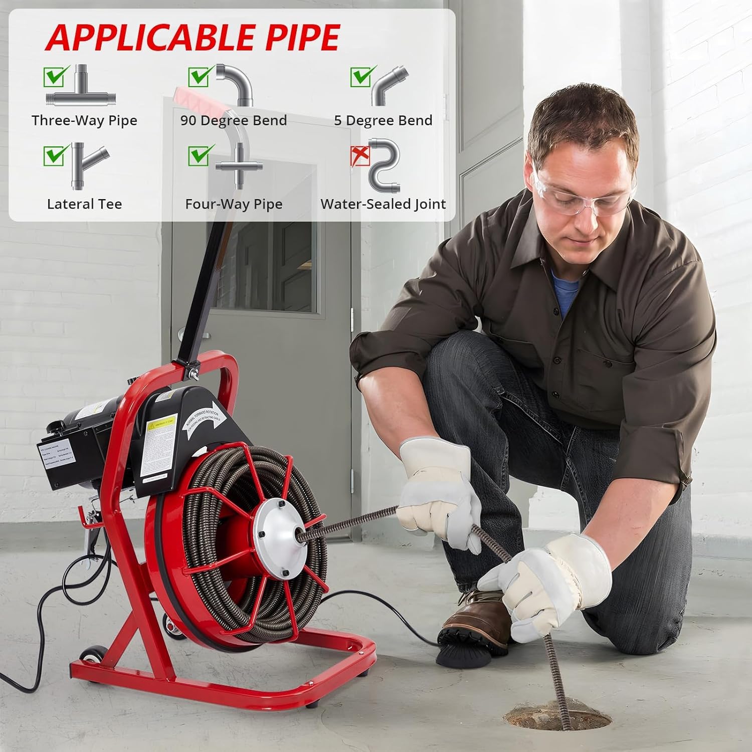 Efficient Drain Cleaning Electric Drain Auger for Fast Sewer Machine 75FT x 1/2Inch Reach, Air-Activated Foot Switch, Drain Machine 4 Cutter Blades, and Protective Gloves.