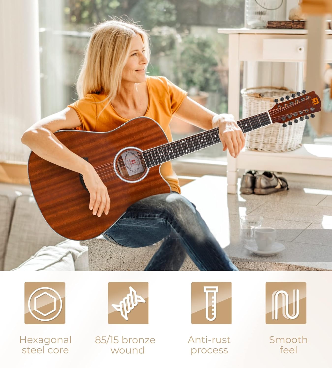 Vangoa 12 String Guitar, Acoustic-electric Dreadnought Cutaway Guitar Bundle with Strings Set