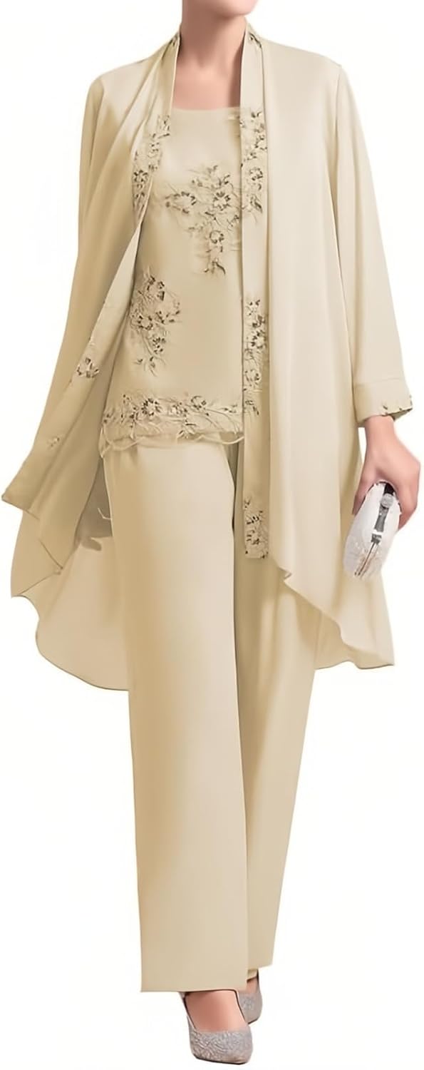 Mother of The Bride Pant Suits for Wedding Long Sleeve - Chiffon Lace Grandmother of The Bride Dresses with Jacket
