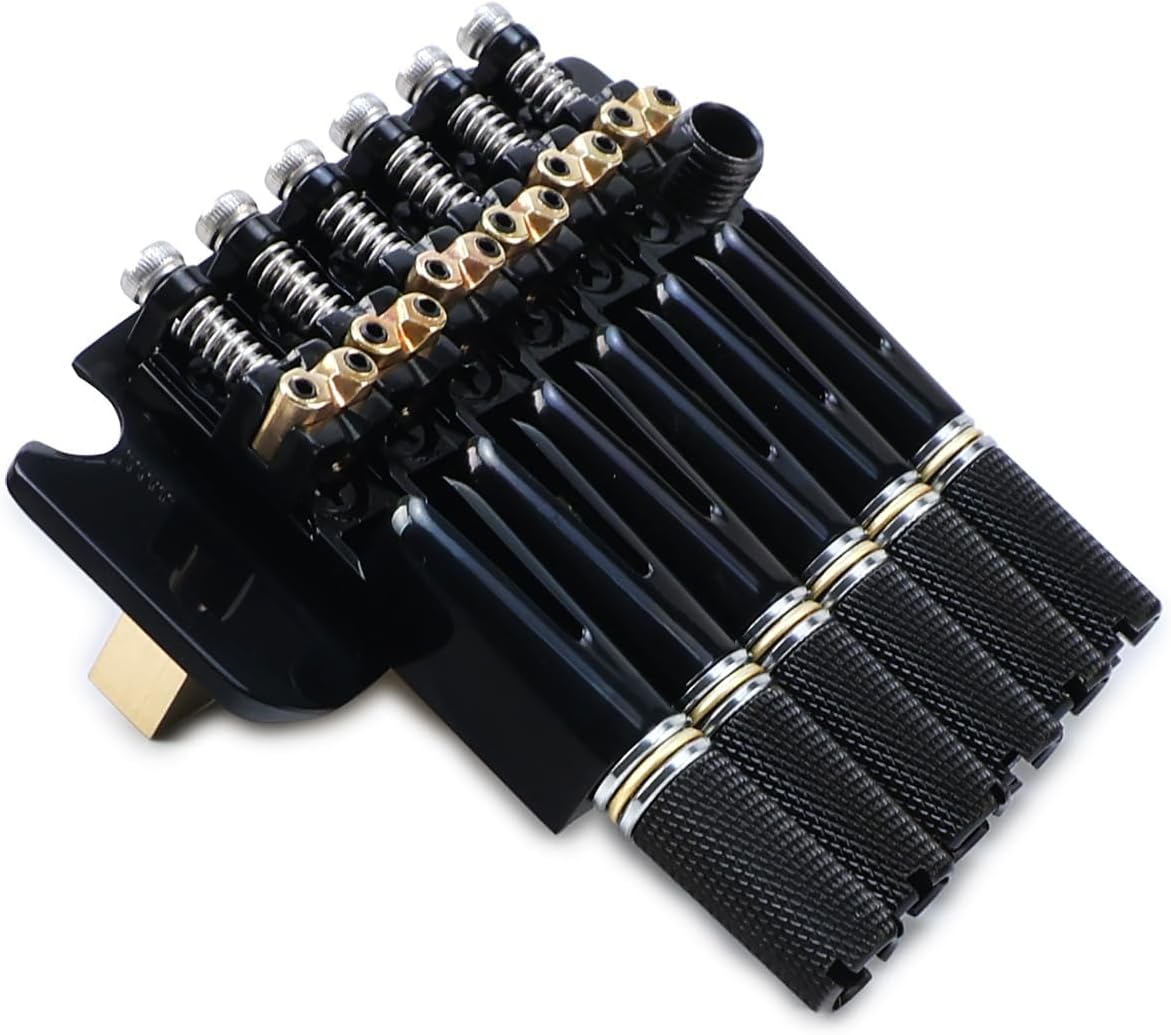10.5mm Headless Electric Guitar Bridge Brass Block Saddle Hardened Steel Plate 2 point tremolo bridge for Fanned-fret 6 String Headless Electric Guitar Replacement parts （All Black）