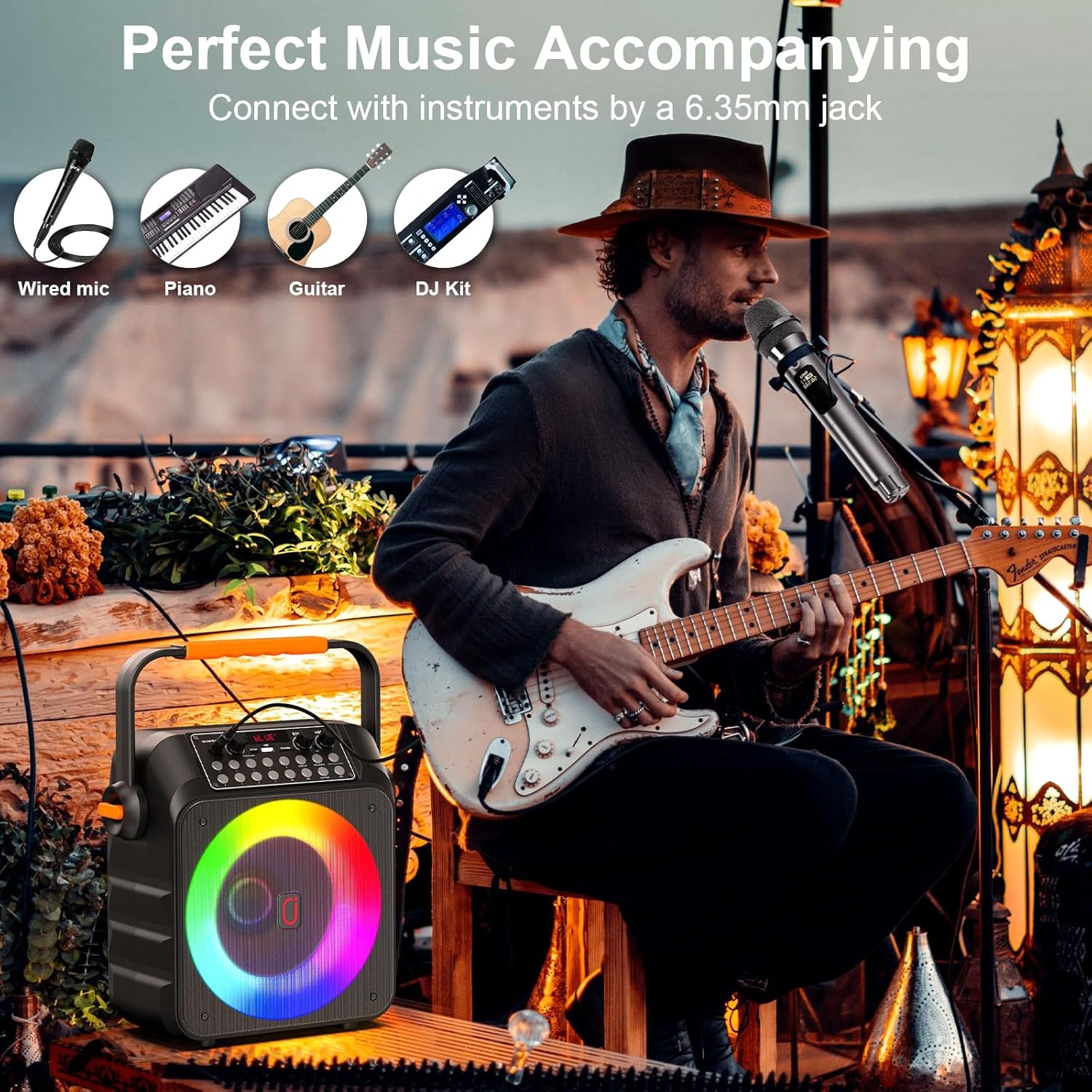 Karaoke Machine HWWR with 2 Wireless Microphones, Portable Karaoke Rechargeable for Adults and Kids, Bluetooth 5.3 Stable Speaker, PA System & DJ Lights for Home Singing Outdoor Party, Music Gifts