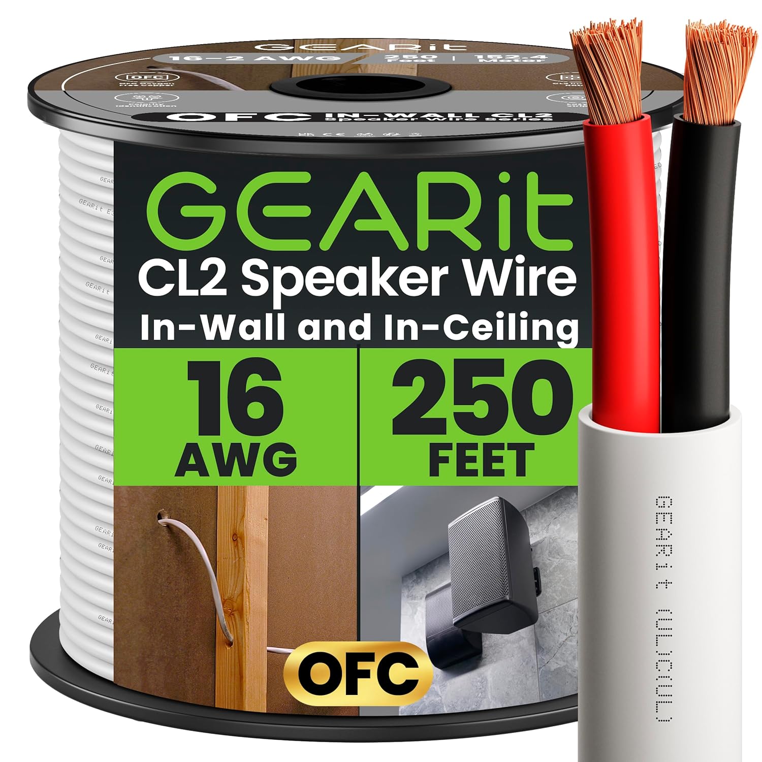 GearIT 16/2 Speaker Wire (250 Feet) 16AWG Gauge - in Wall Audio Speaker Wire Cable / CL2 Rated / 2 Conductors - OFC Oxygen-Free Copper, White 250ft