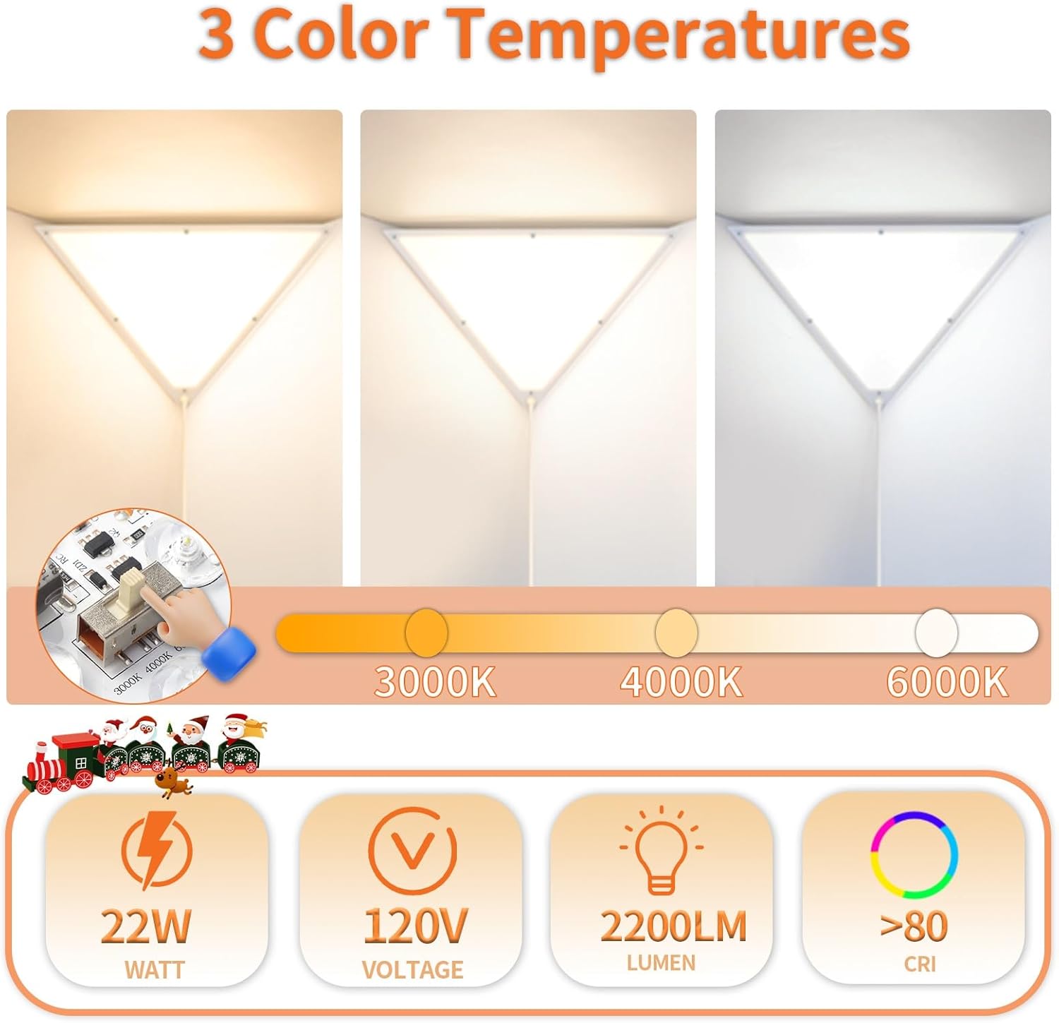 Upgraded Corner Light, 22W 2000LM LED Corner Lights for Living Room, 3000K/4000K/6000K Plug in Ceiling Lights with Switch, Lamp for Bedroom, Triangle Shape