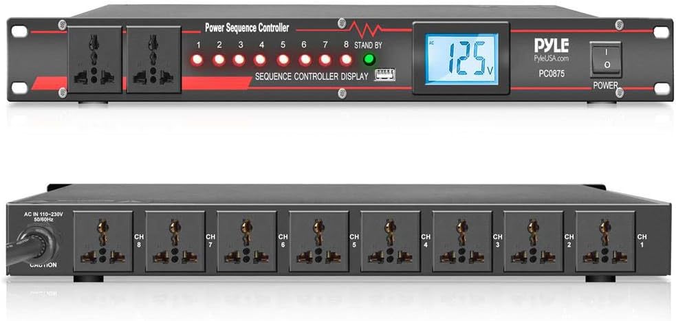Pyle 10 Outlet Power Sequencer Conditioner - 13 Amp 2000W Rack Mount Pro Audio Digital Power Supply Controller Regulator w/Voltage Readout, Surge Protector, for Home Theater Stage/Studio Use - PCO875
