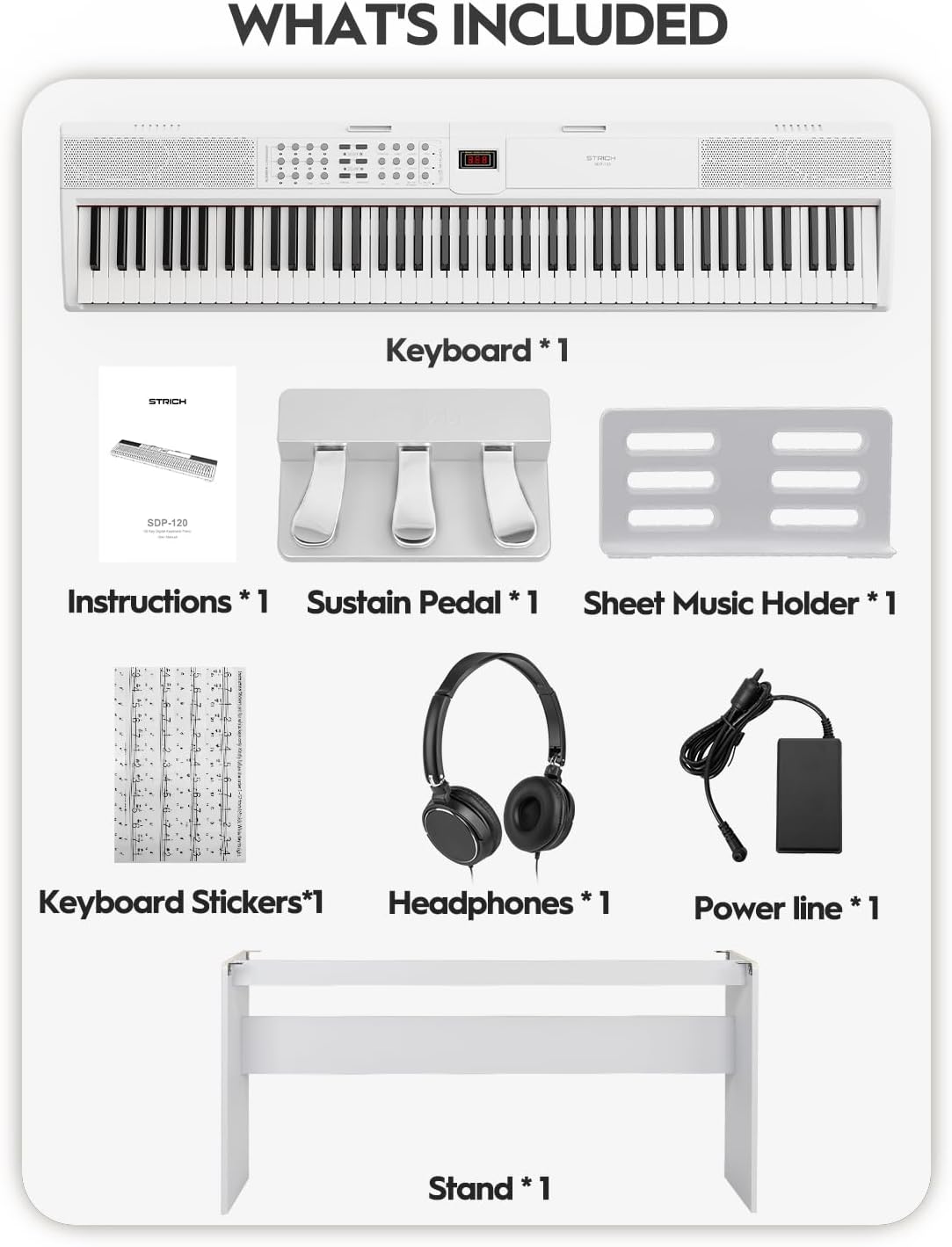 STRICH 88 Keys Weighted Keyboard Piano with Stand & Sustain Pedal, Hammer-Action Digital Piano, Full-size Electric Piano Keyboard Supports USB-MIDI/Wireless Connect, White, SDP-120